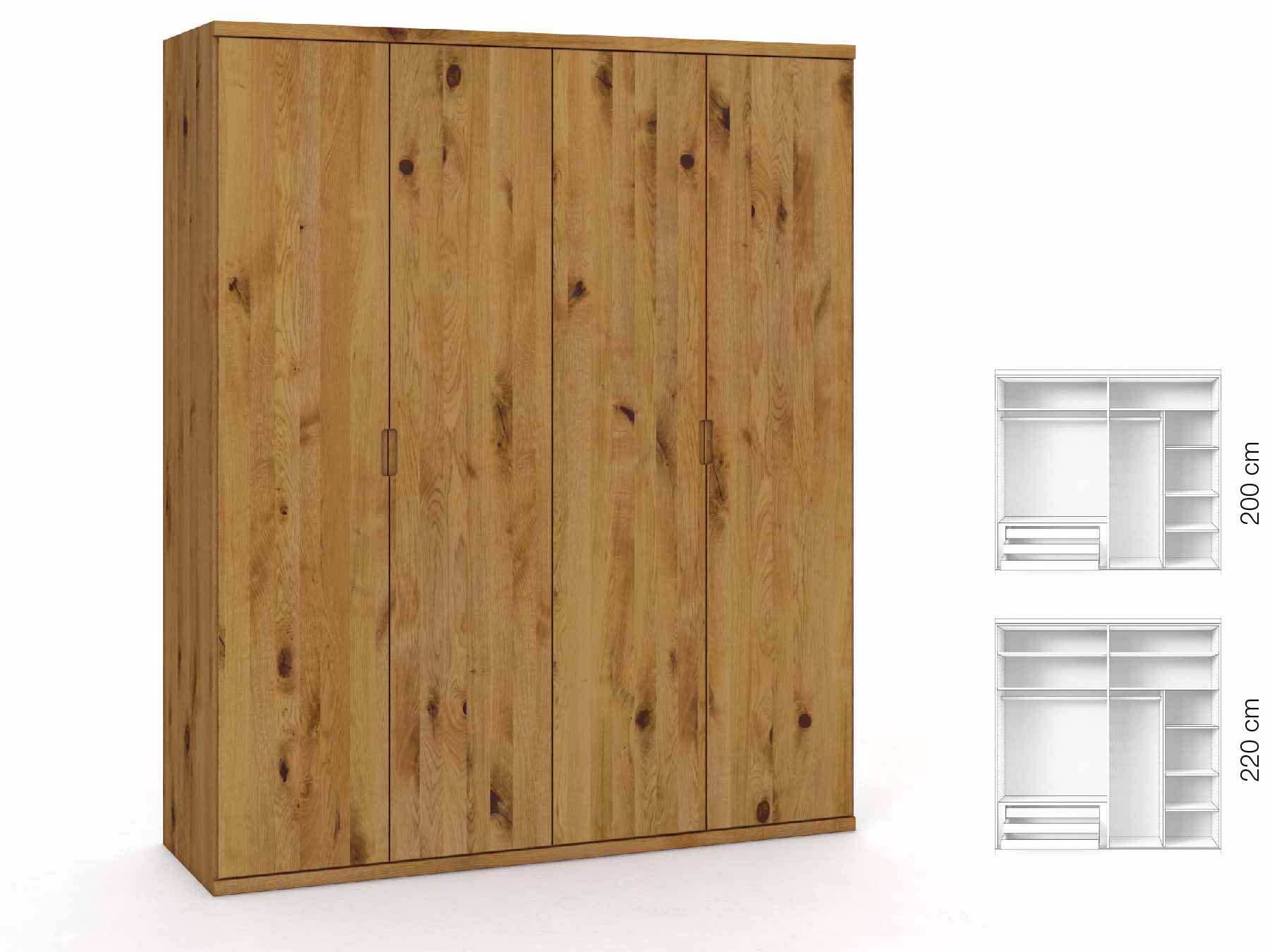 Wildeichenschrank „Romana“, 4-türig, Höhe 220 cm, Griffausführung „Lukas“, Inneneinrichtung: C