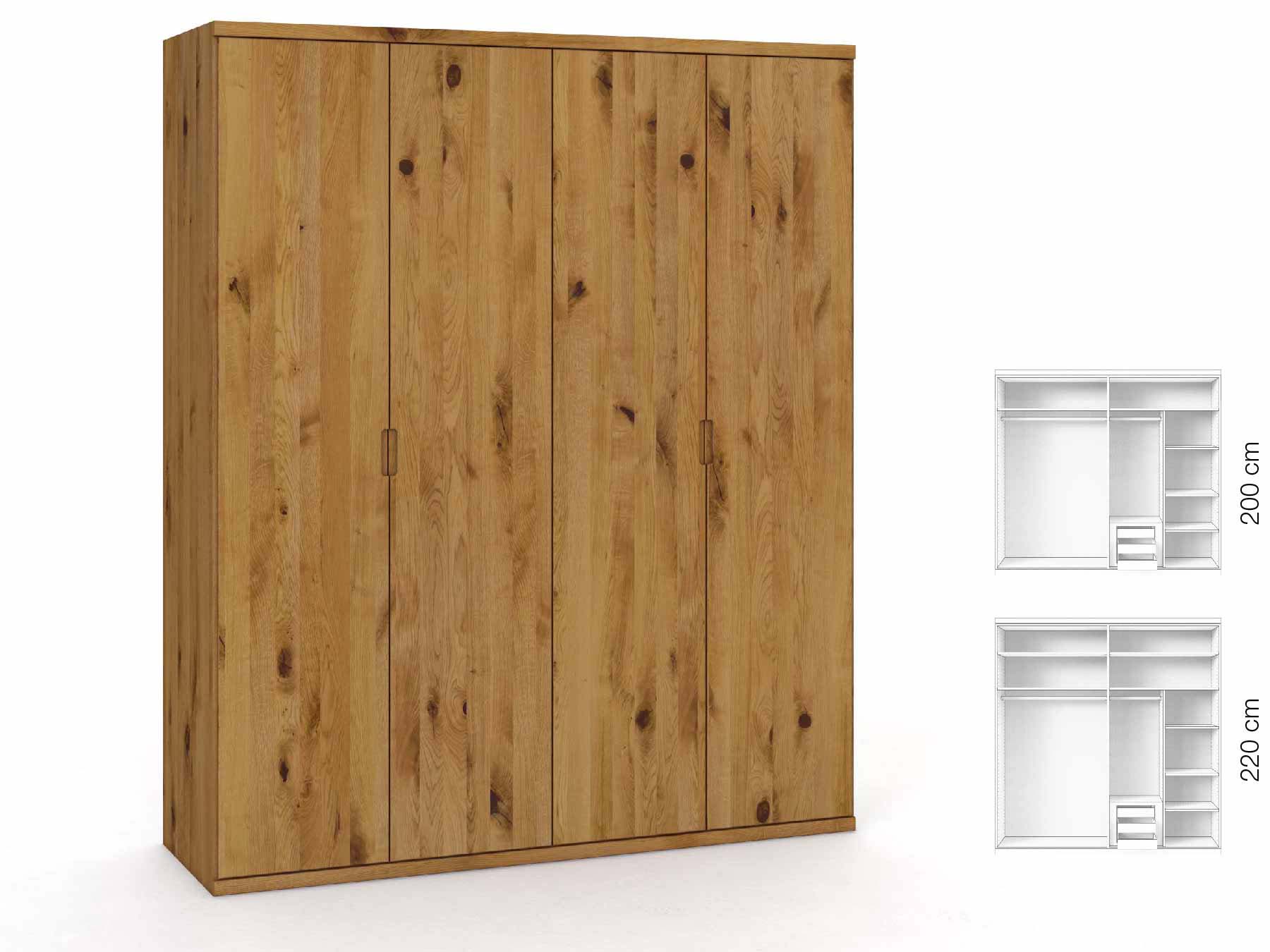 Wildeichenschrank „Romana“, 4-türig, Höhe 220 cm, Griffausführung „Lukas“, Inneneinrichtung: D