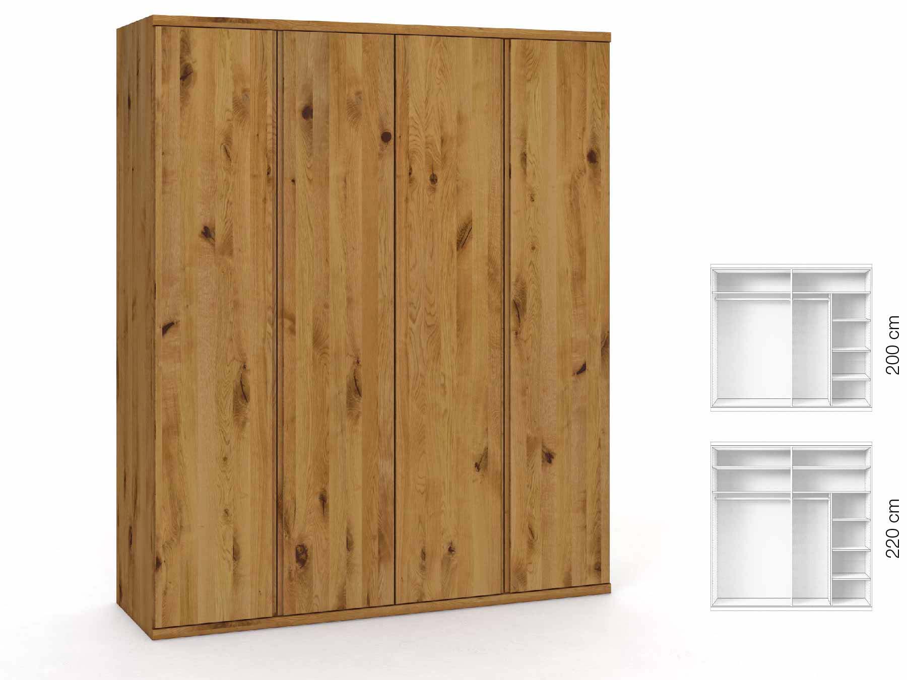 Wildeichenschrank „Romana“, 4-türig, Höhe 220 cm, Griffausführung „Patrizia“, Inneneinrichtung: B