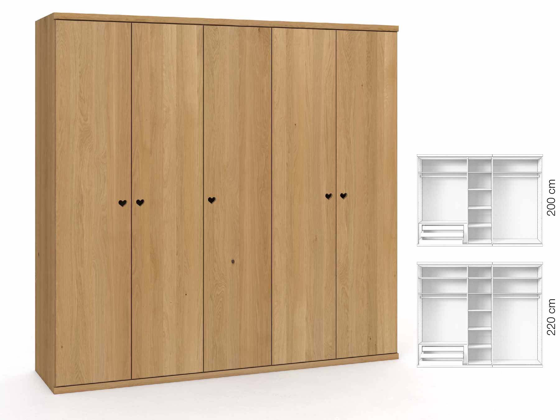 Eichenschrank Hell „Romana“, 5-türig, Höhe 220 cm, Griffausführung „Heidi“, Inneneinrichtung: C