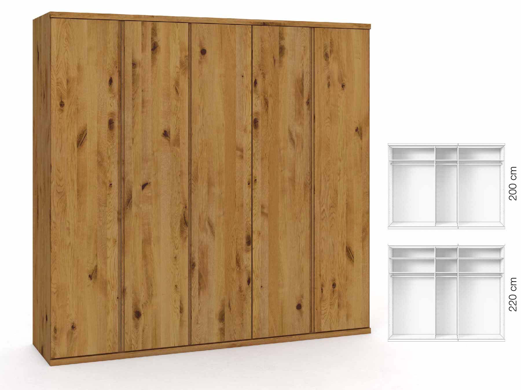 Wildeichenschrank „Romana“, 5-türig, Höhe 220 cm, Griffausführung „Patrizia“, Inneneinrichtung: A