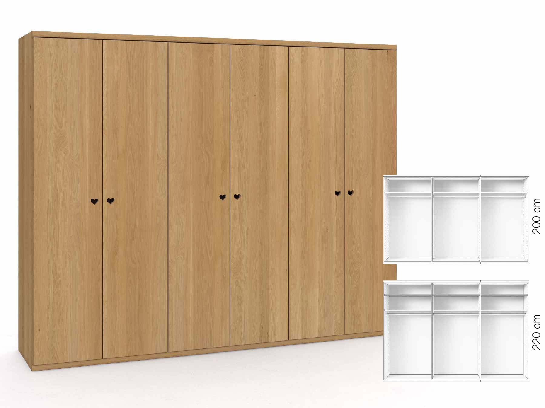 Eichenschrank Hell „Romana“, 6-türig, Höhe 220 cm, Griffausführung „Heidi“, Inneneinrichtung: A