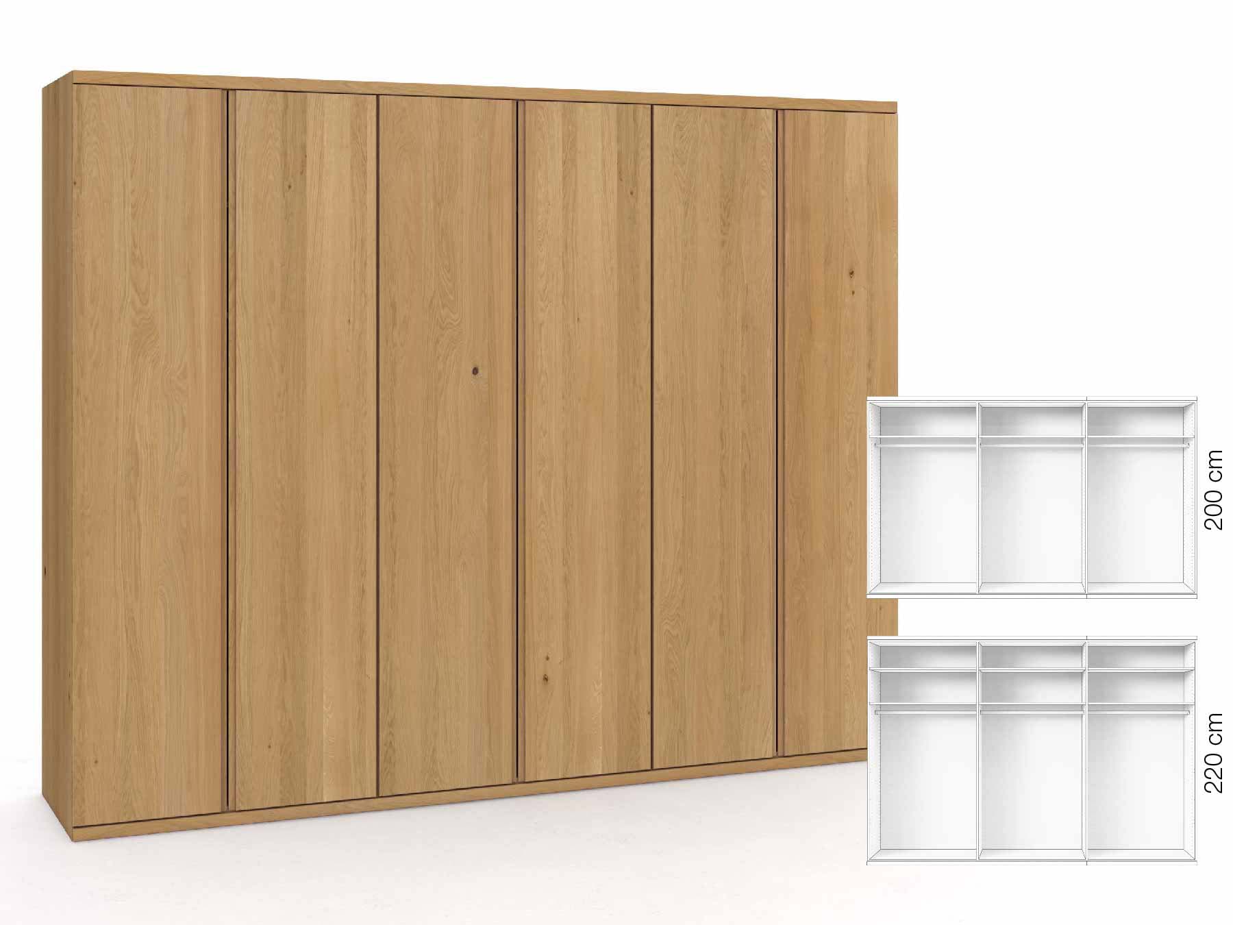 Eichenschrank Hell „Romana“, 6-türig, Höhe 220 cm, Griffausführung „Patrizia“, Inneneinrichtung: A