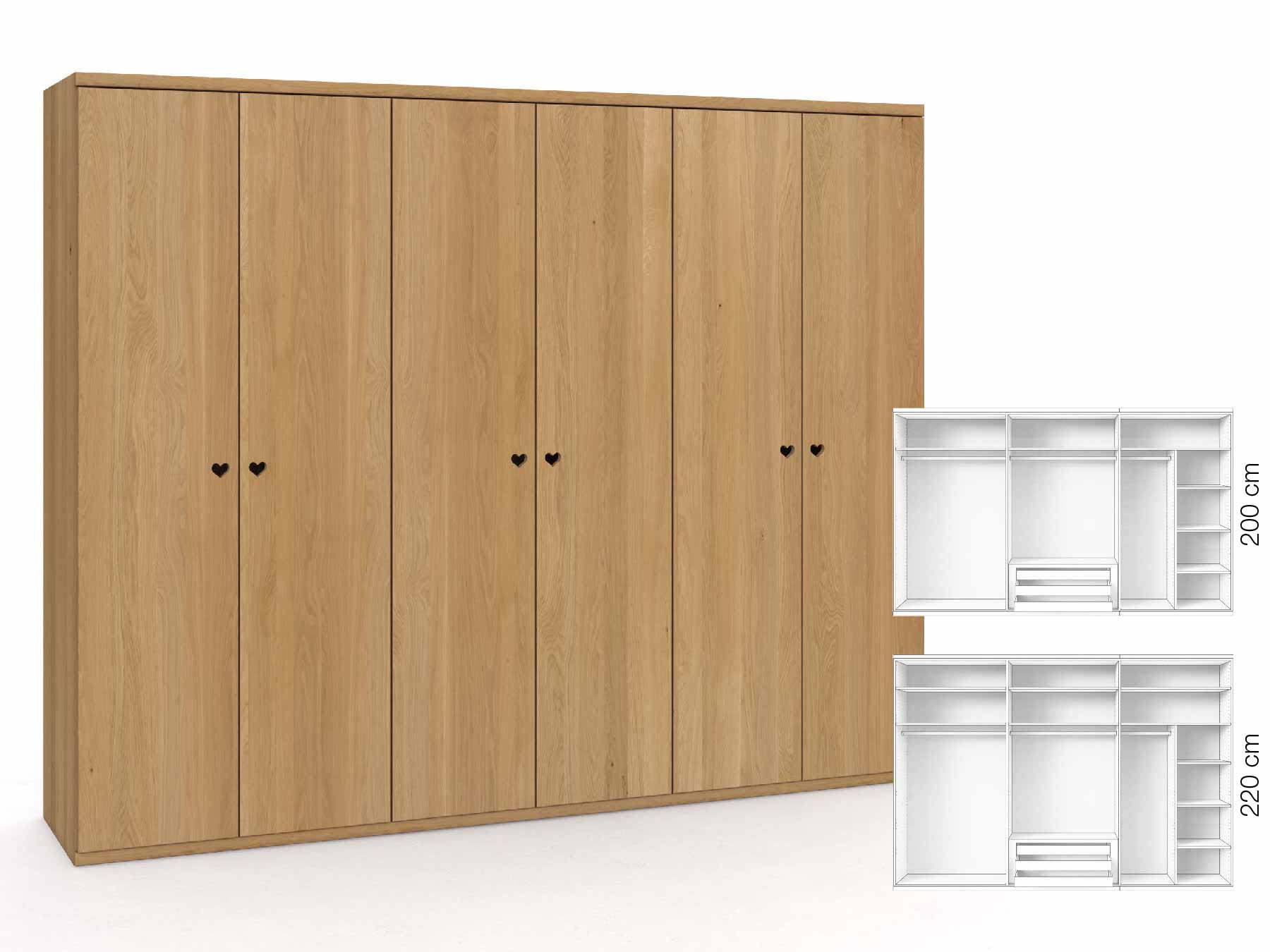 Eichenschrank Hell „Romana“, 6-türig, Höhe 220 cm, Griffausführung „Heidi“, Inneneinrichtung: B
