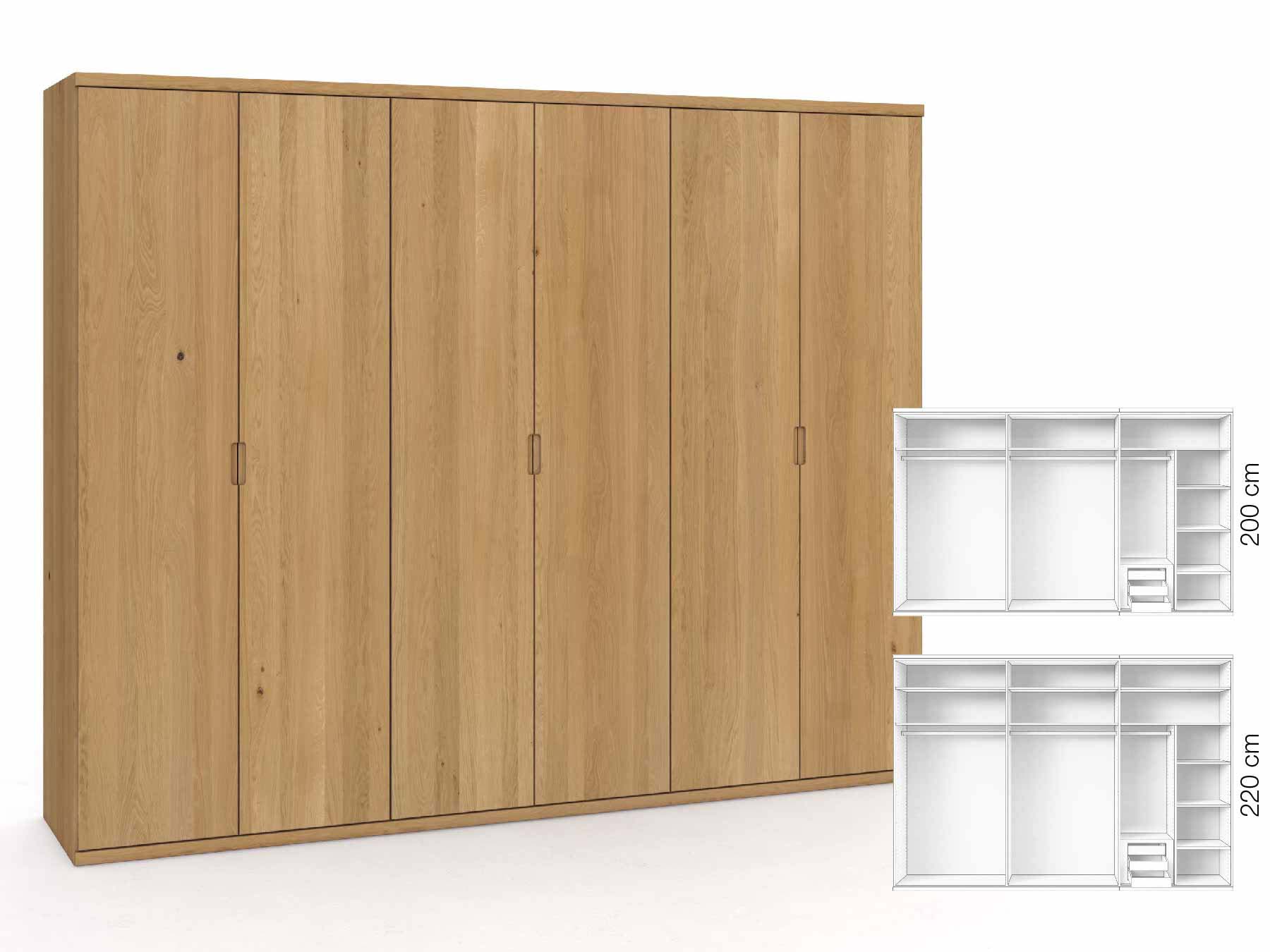 Eichenschrank Hell „Romana“, 6-türig, Höhe 220 cm, Griffausführung „Lukas“, Inneneinrichtung: C