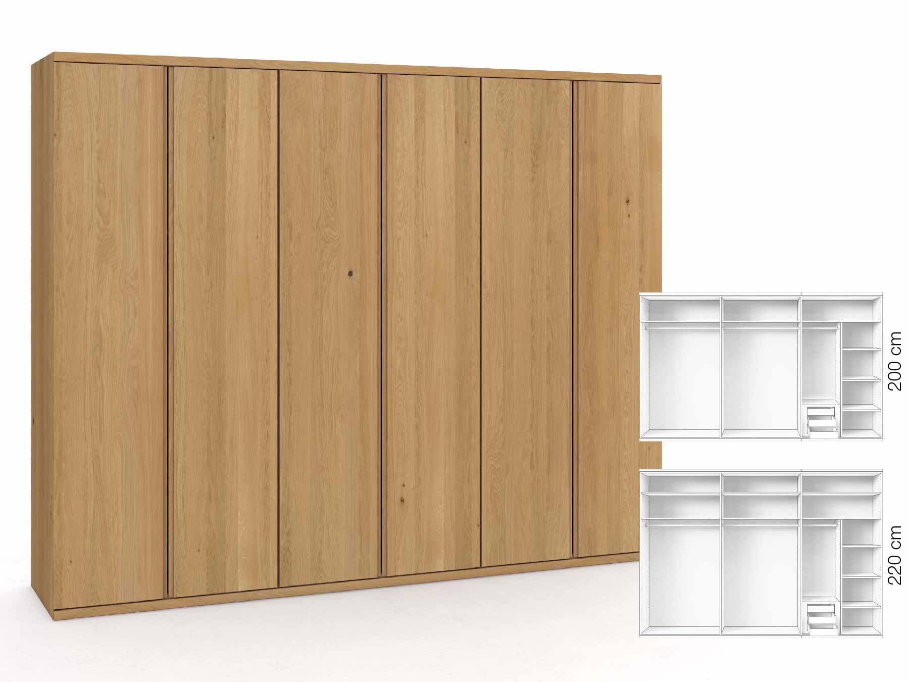 Eichenschrank Hell „Romana“, 6-türig, Höhe 220 cm, Griffausführung „Patrizia“, Inneneinrichtung: C