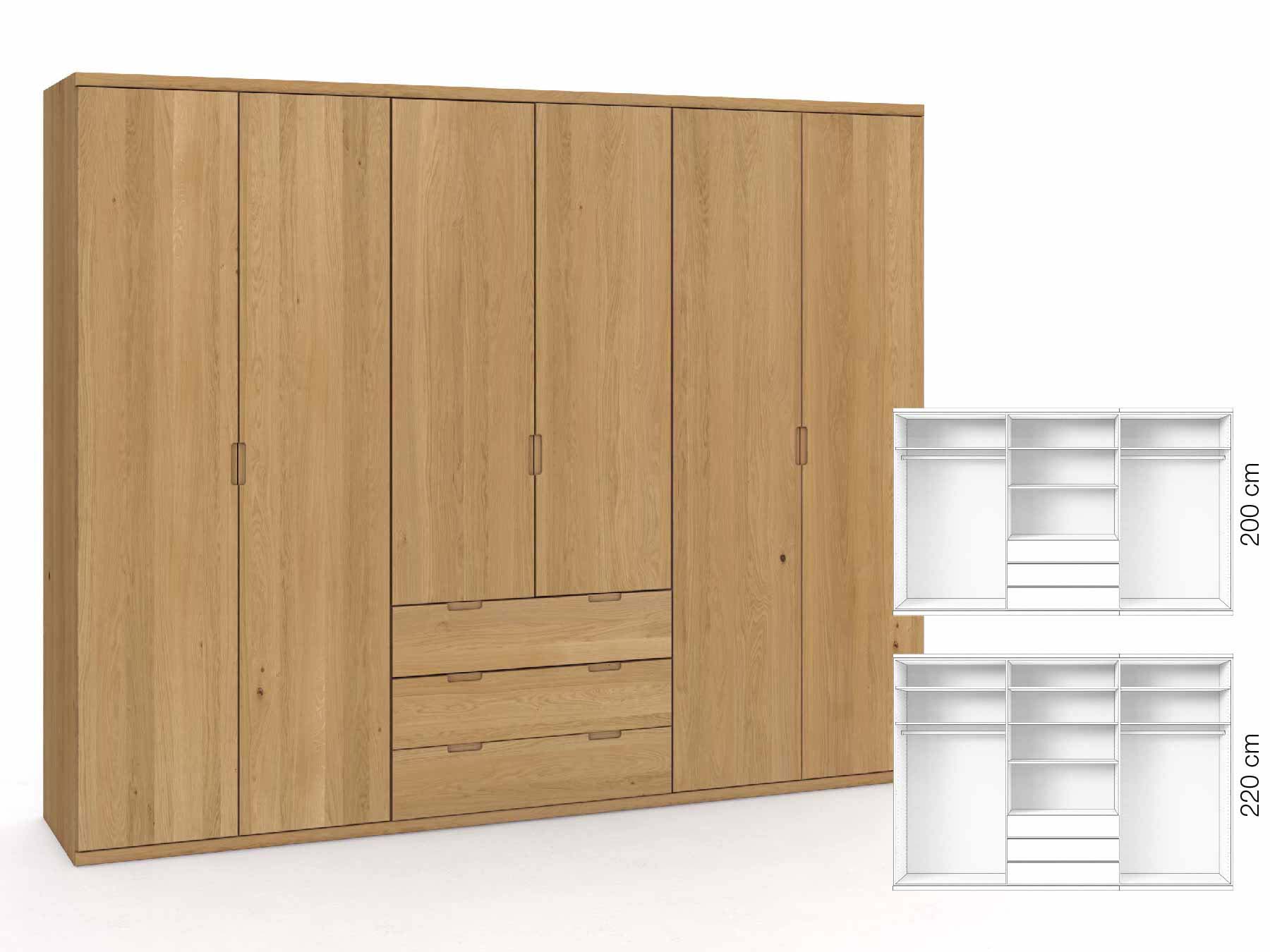 Eichenschrank Hell „Romana“, 6-türig, Höhe 220 cm, Griffausführung „Lukas“, Inneneinrichtung: D