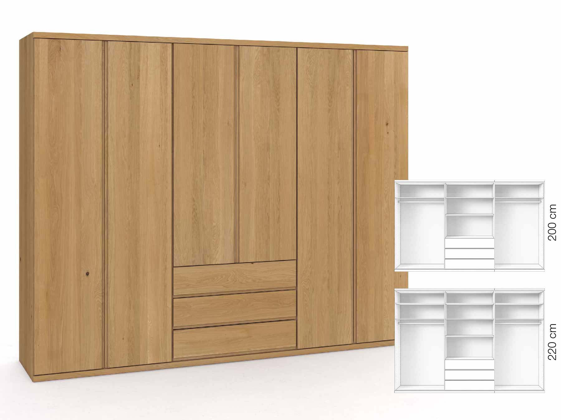 Eichenschrank Hell „Romana“, 6-türig, Höhe 220 cm, Griffausführung „Patrizia“, Inneneinrichtung: D