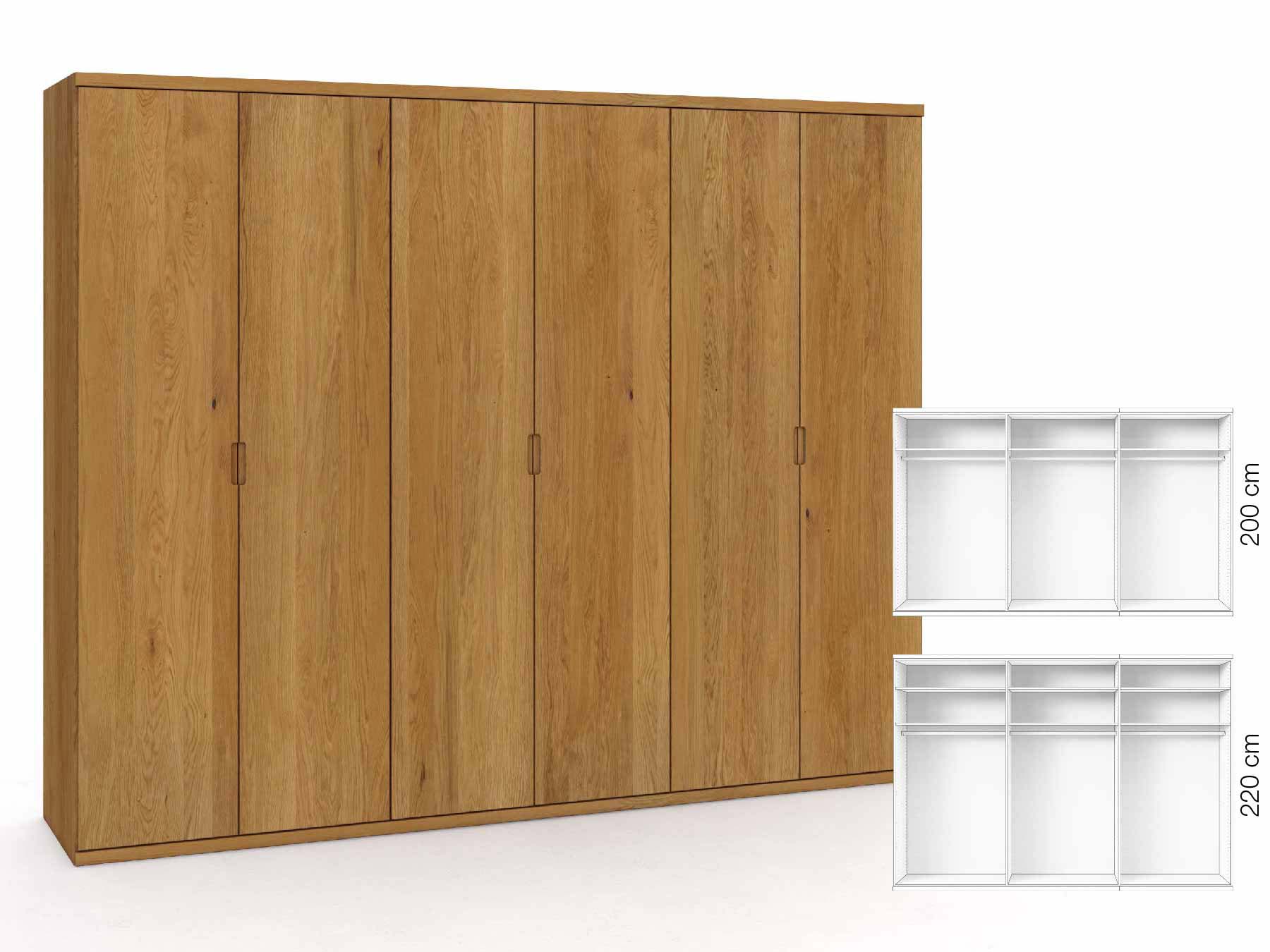Eichenschrank „Romana“, 6-türig, Höhe 220 cm, Griffausführung „Lukas“, Inneneinrichtung: A