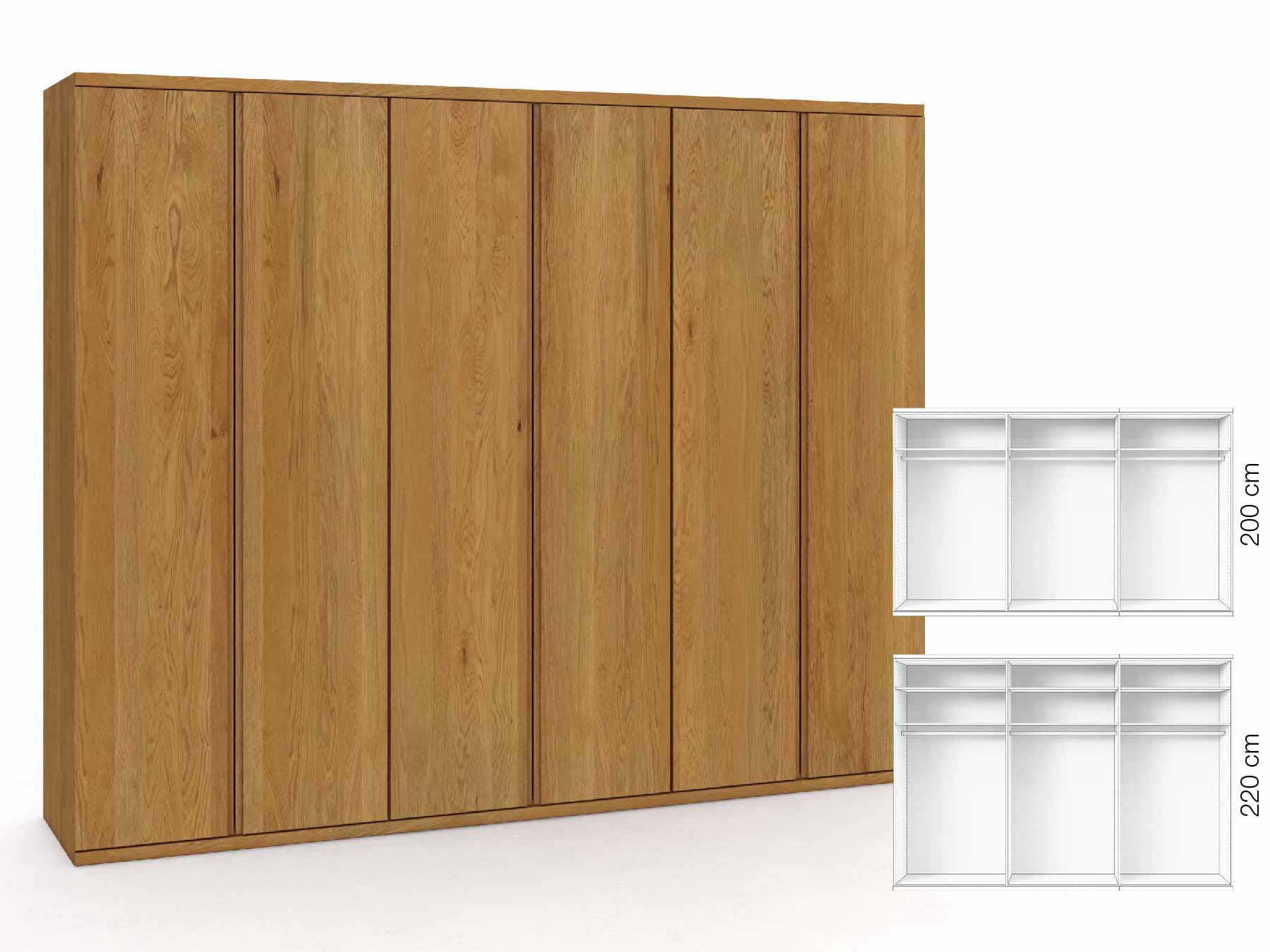 Eichenschrank „Romana“, 6-türig, Höhe 220 cm, Griffausführung „Patrizia“, Inneneinrichtung: A