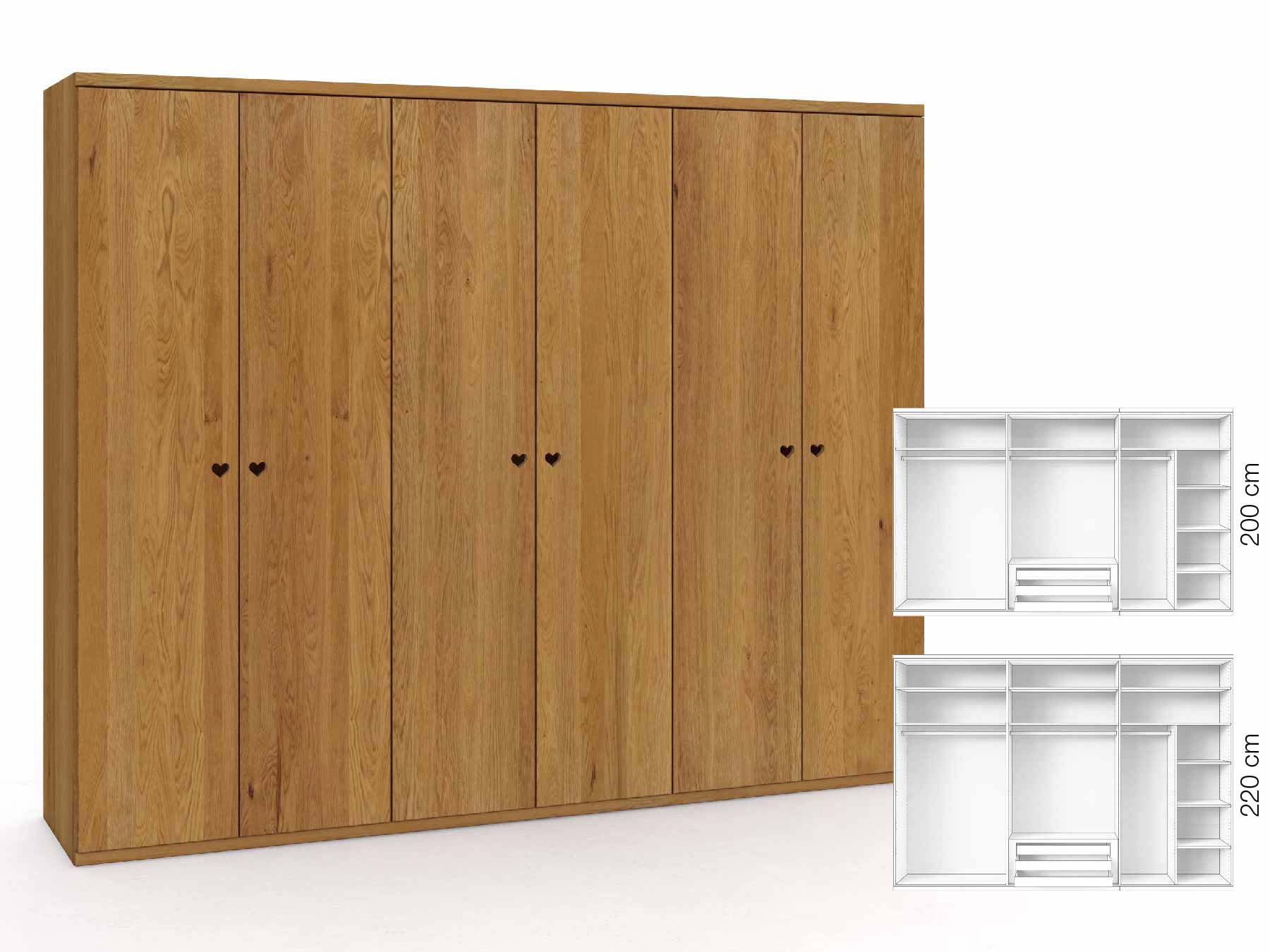 Eichenschrank „Romana“, 6-türig, Höhe 220 cm, Griffausführung „Heidi“, Inneneinrichtung: B