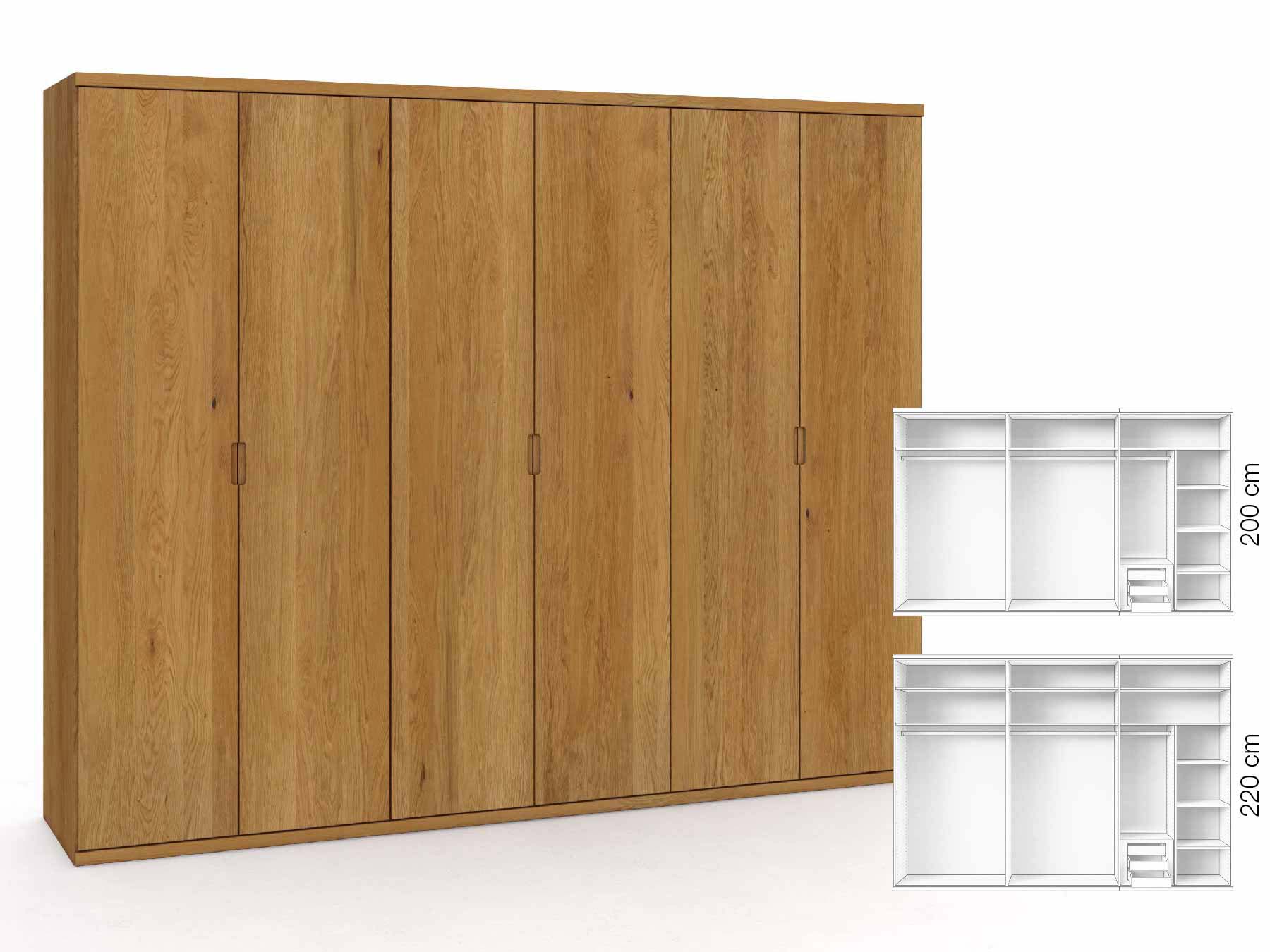 Eichenschrank „Romana“, 6-türig, Höhe 220 cm, Griffausführung „Lukas“, Inneneinrichtung: C