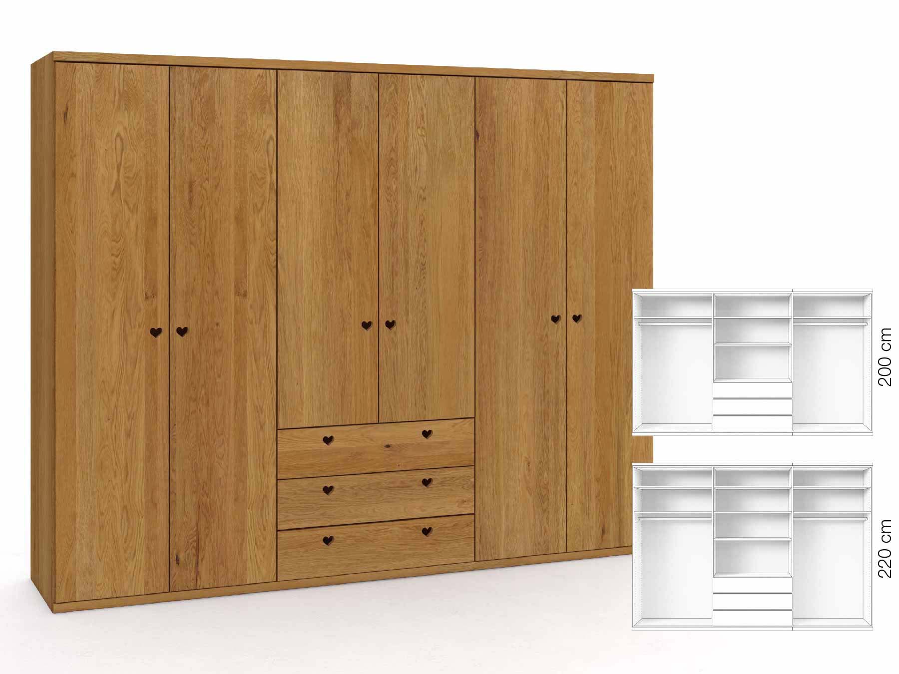 Eichenschrank „Romana“, 6-türig, Höhe 220 cm, Griffausführung „Heidi“, Inneneinrichtung: D