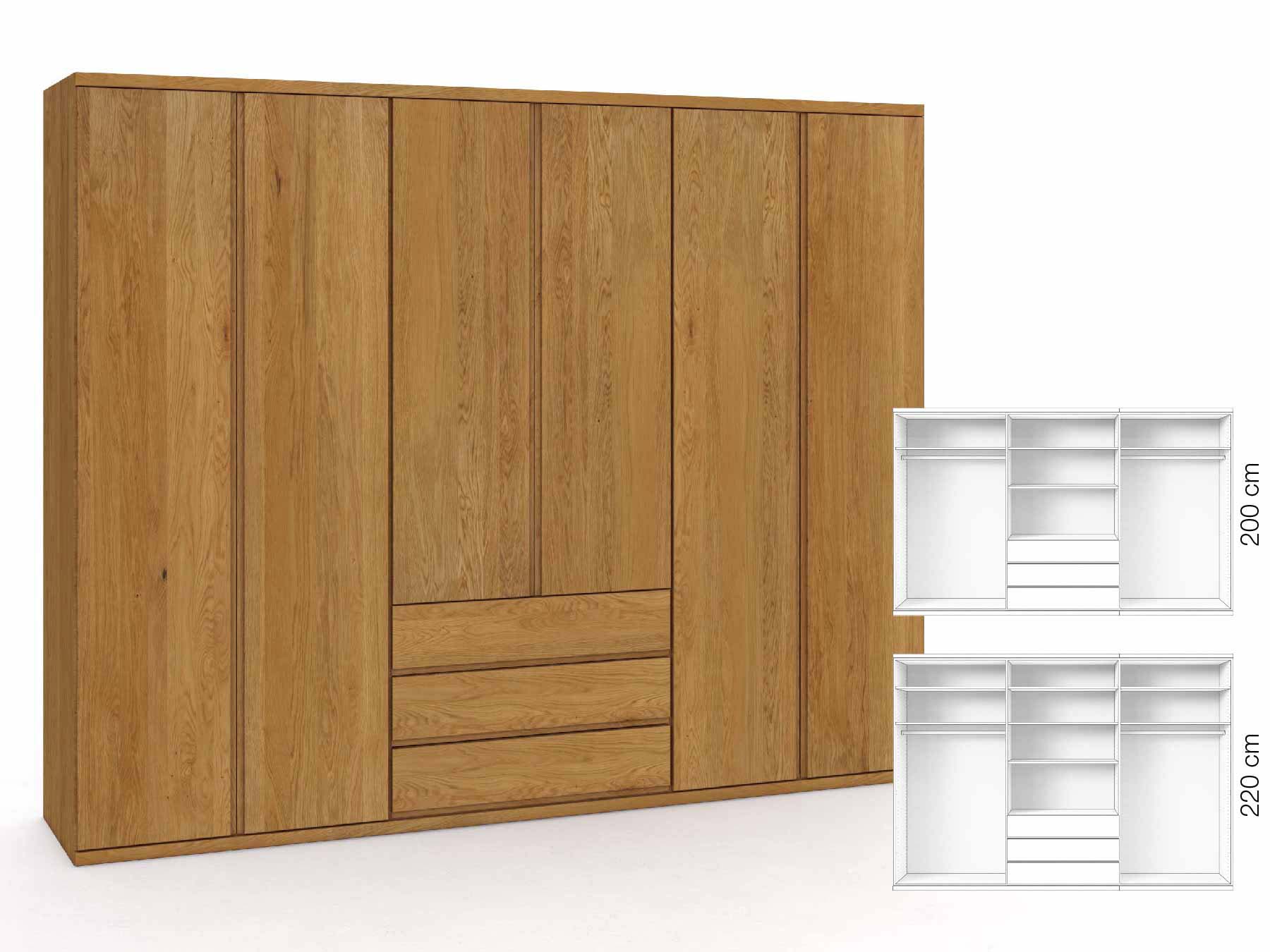 Eichenschrank „Romana“, 6-türig, Höhe 220 cm, Griffausführung „Patrizia“, Inneneinrichtung: D