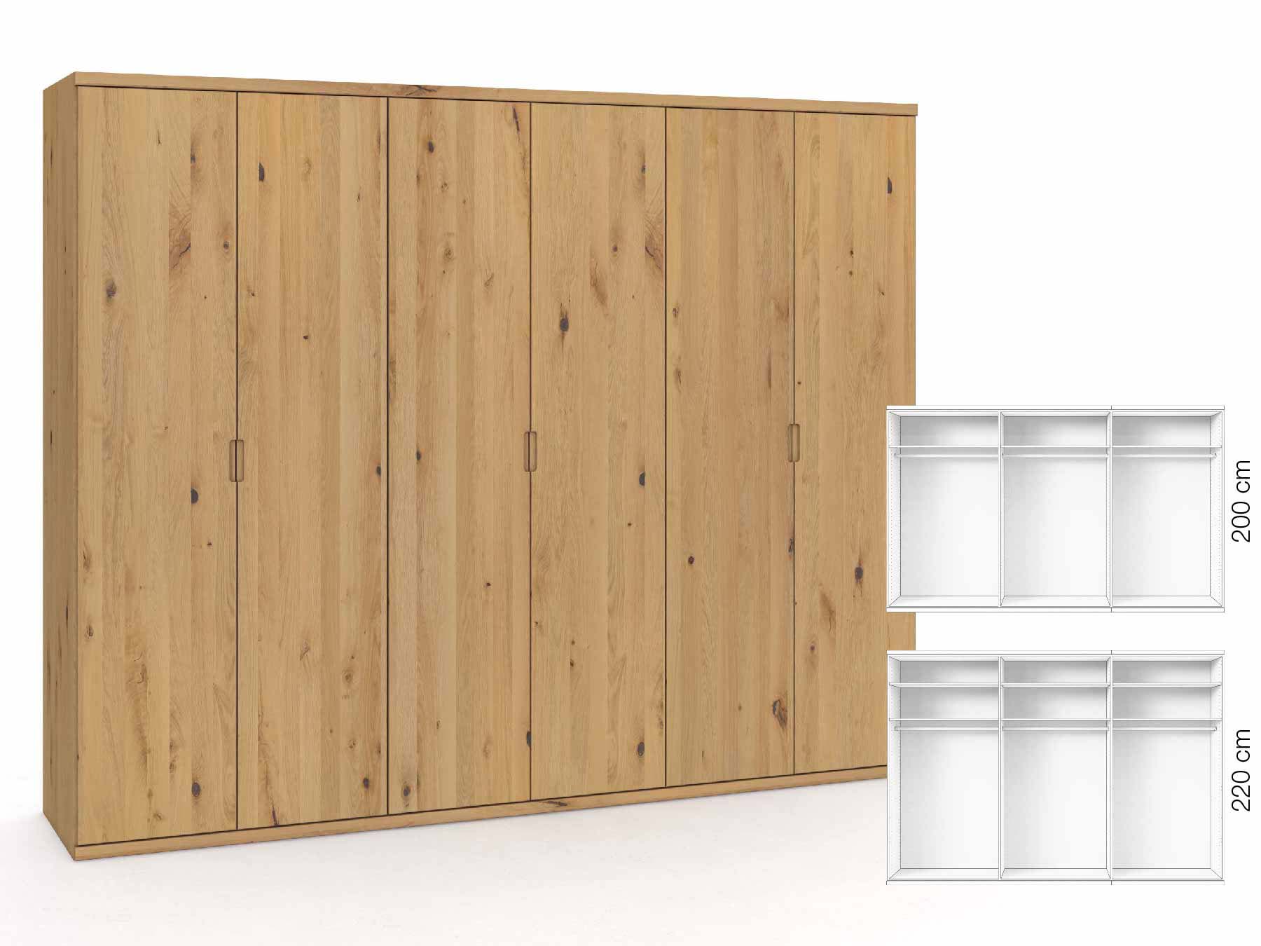 Wildeichenschrank Hell „Romana“, 6-türig, Höhe 220 cm, Griffausführung „Lukas“, Inneneinrichtung: A