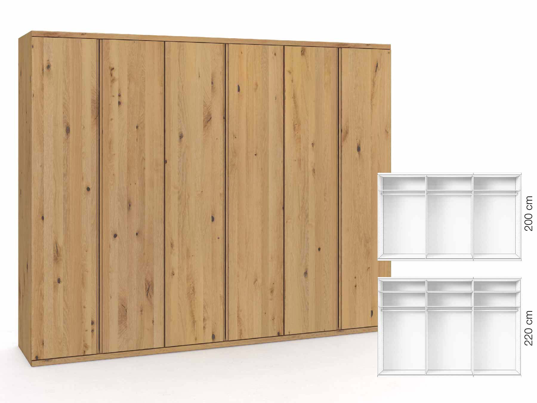Wildeichenschrank Hell „Romana“, 6-türig, Höhe 220 cm, Griffausführung „Patrizia“, Inneneinrichtung: A