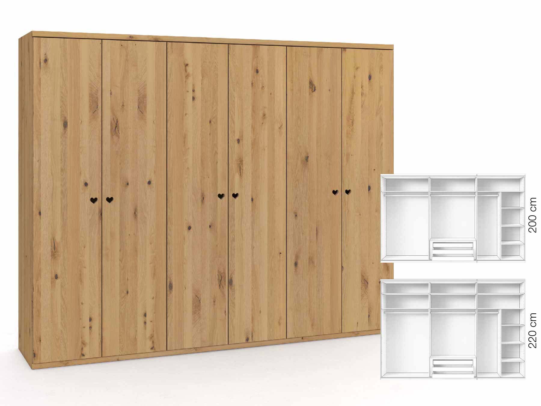 Wildeichenschrank Hell „Romana“, 6-türig, Höhe 220 cm, Griffausführung „Heidi“, Inneneinrichtung: B