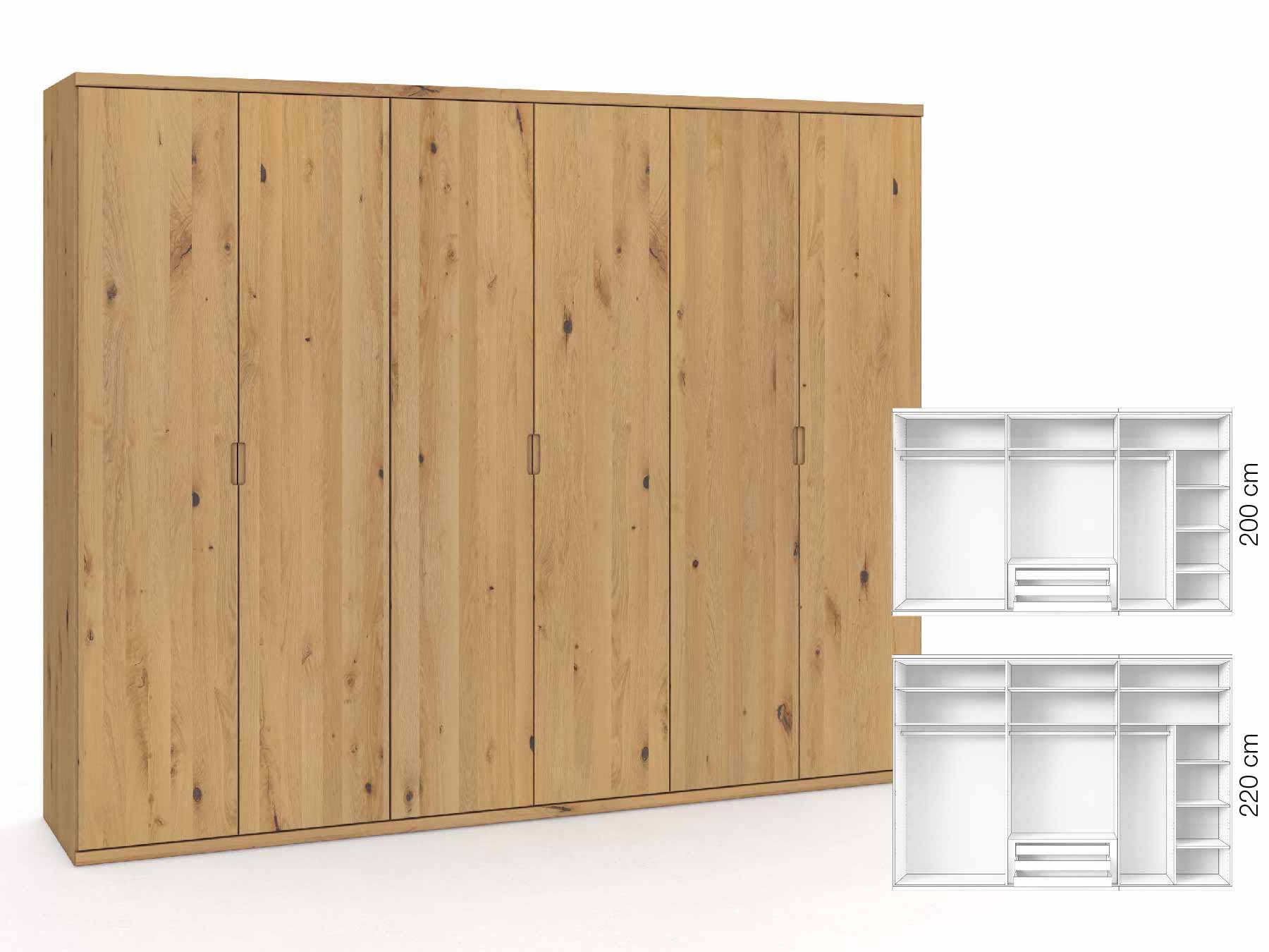 Wildeichenschrank Hell „Romana“, 6-türig, Höhe 220 cm, Griffausführung „Lukas“, Inneneinrichtung: B