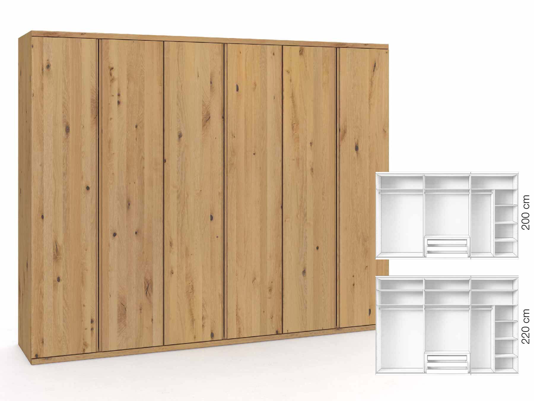 Wildeichenschrank Hell „Romana“, 6-türig, Höhe 220 cm, Griffausführung „Patrizia“, Inneneinrichtung: B