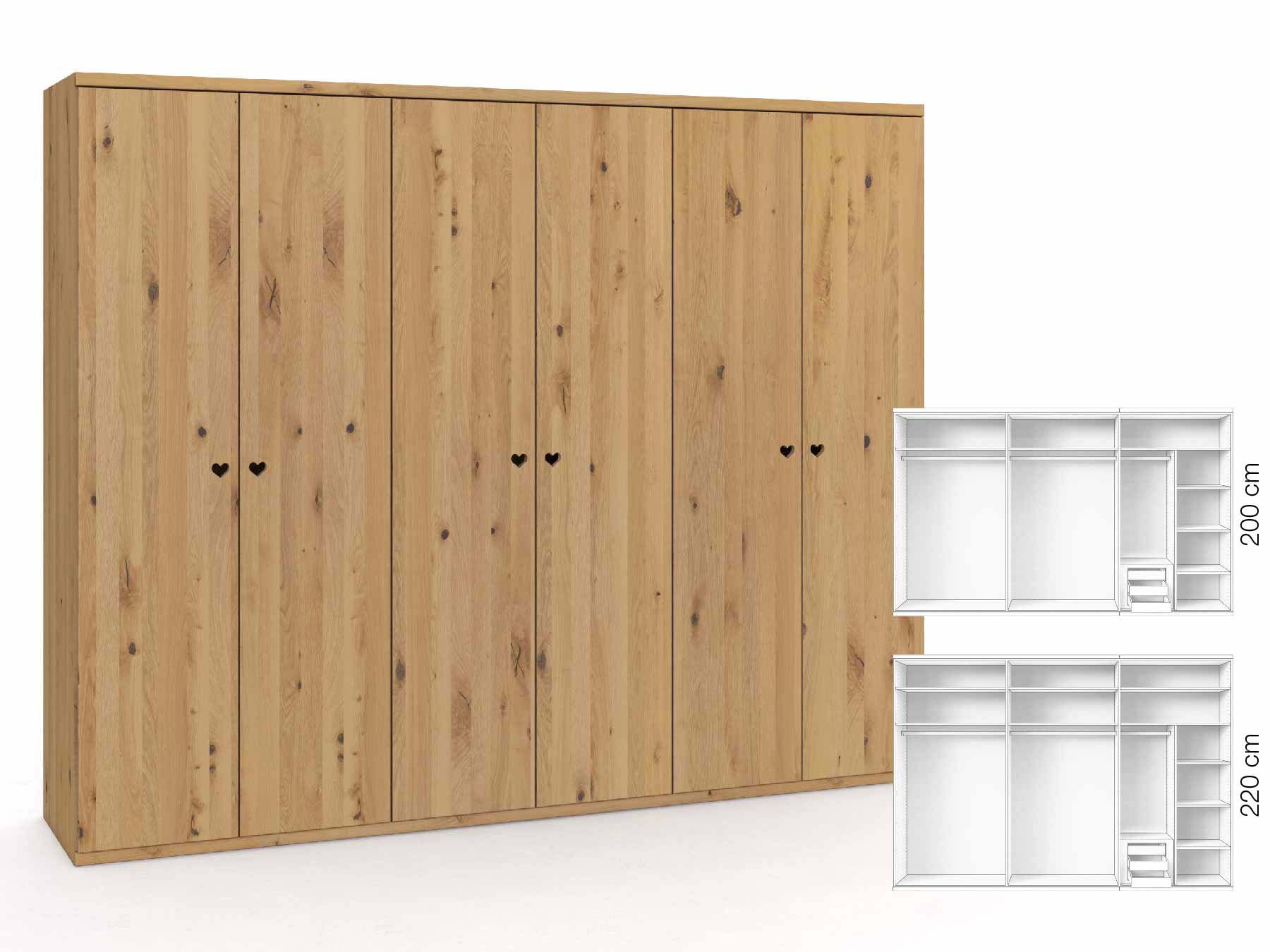 Wildeichenschrank Hell „Romana“, 6-türig, Höhe 220 cm, Griffausführung „Heidi“, Inneneinrichtung: C