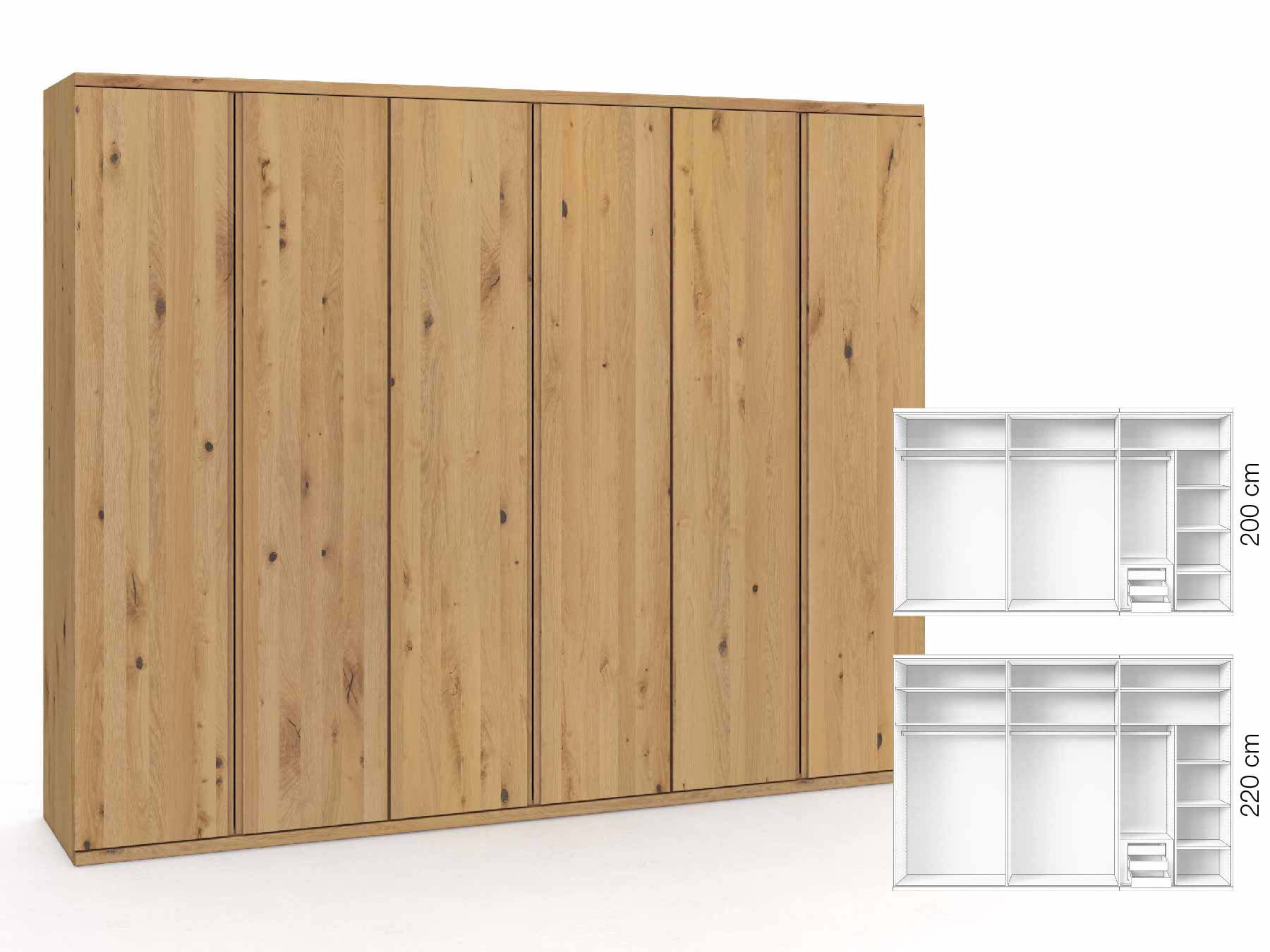 Wildeichenschrank Hell „Romana“, 6-türig, Höhe 220 cm, Griffausführung „Patrizia“, Inneneinrichtung: C