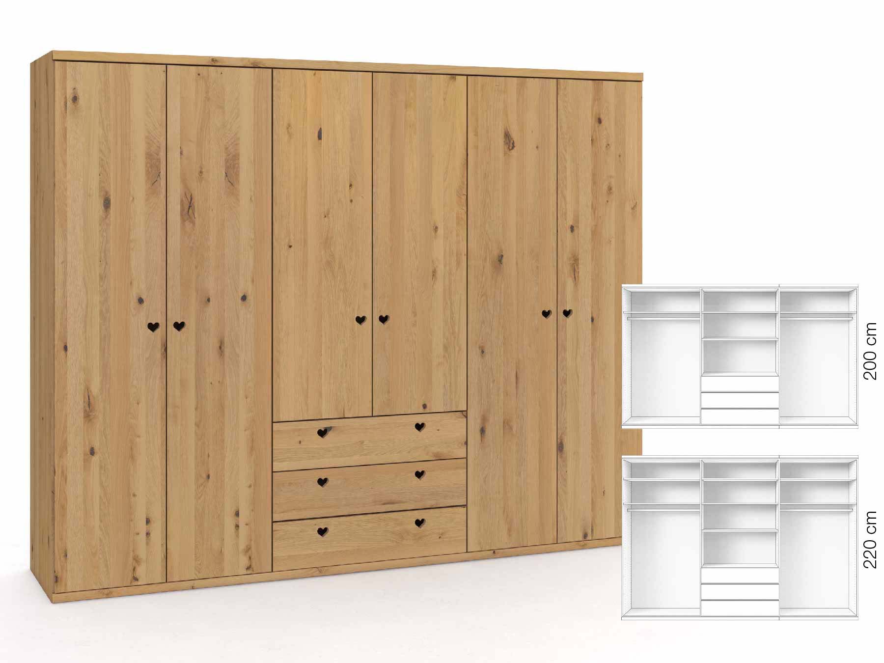 Wildeichenschrank Hell „Romana“, 6-türig, Höhe 220 cm, Griffausführung „Heidi“, Inneneinrichtung: D