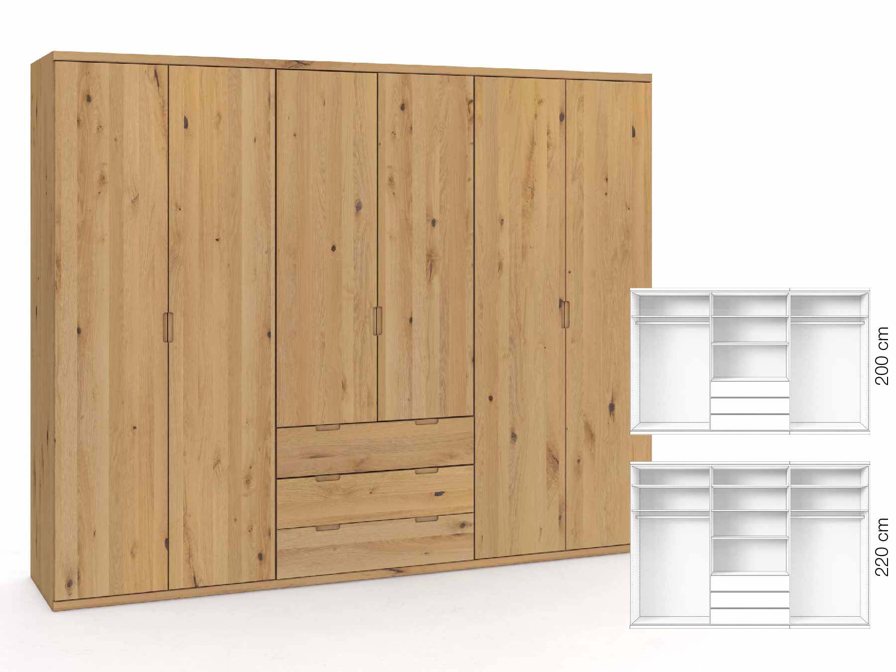 Wildeichenschrank Hell „Romana“, 6-türig, Höhe 220 cm, Griffausführung „Lukas“, Inneneinrichtung: D