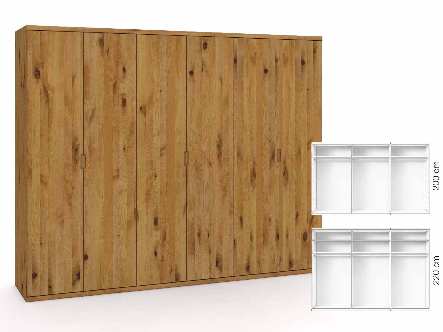 Wildeichenschrank „Romana“, 6-türig, Höhe 220 cm, Griffausführung „Lukas“, Inneneinrichtung: A