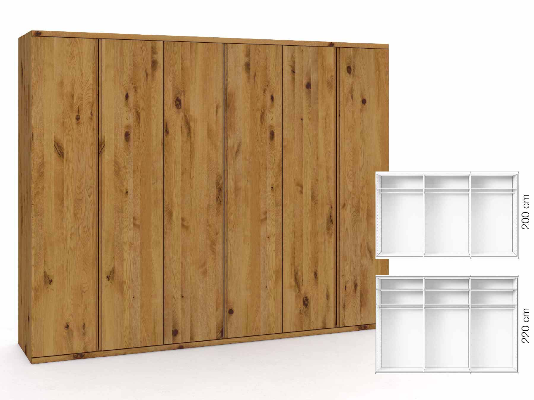 Wildeichenschrank „Romana“, 6-türig, Höhe 220 cm, Griffausführung „Patrizia“, Inneneinrichtung: A
