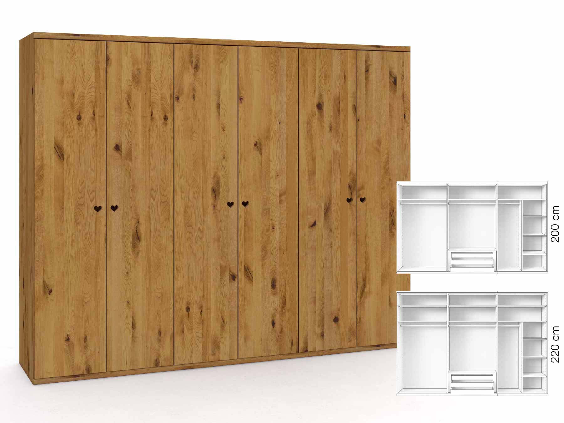 Wildeichenschrank „Romana“, 6-türig, Höhe 220 cm, Griffausführung „Heidi“, Inneneinrichtung: B