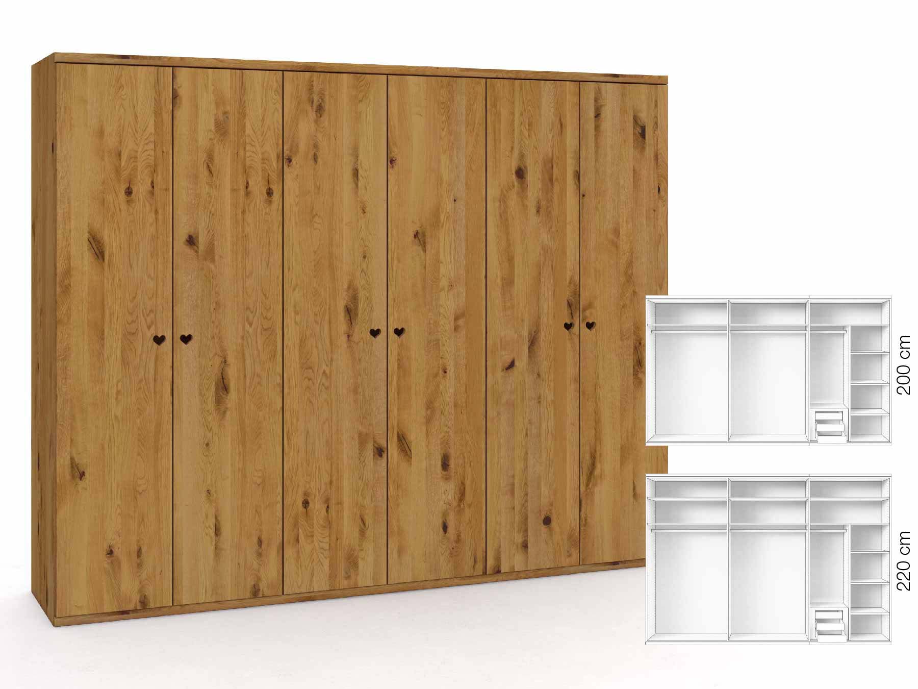 Wildeichenschrank „Romana“, 6-türig, Höhe 220 cm, Griffausführung „Heidi“, Inneneinrichtung: C