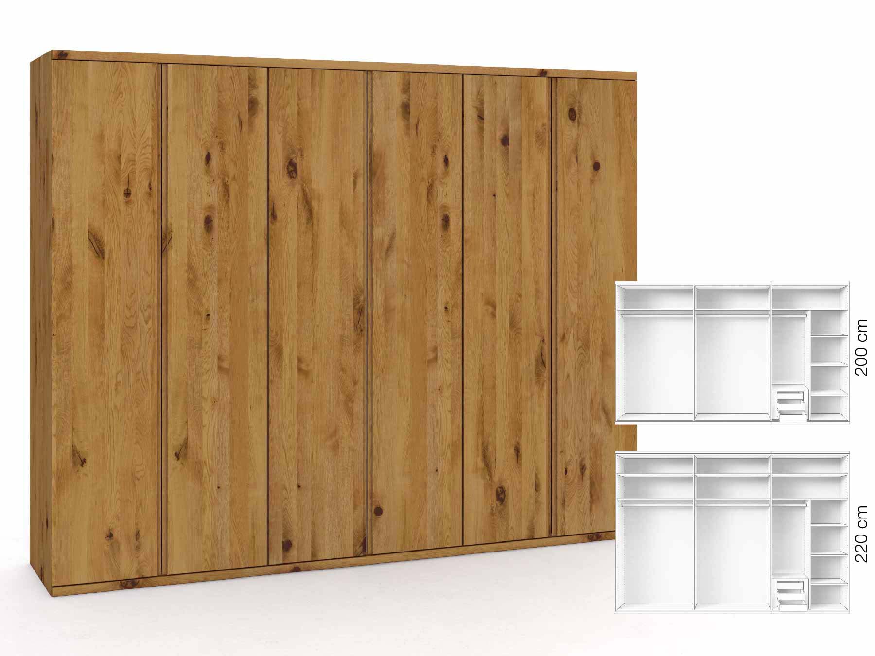Wildeichenschrank „Romana“, 6-türig, Höhe 220 cm, Griffausführung „Patrizia“, Inneneinrichtung: C