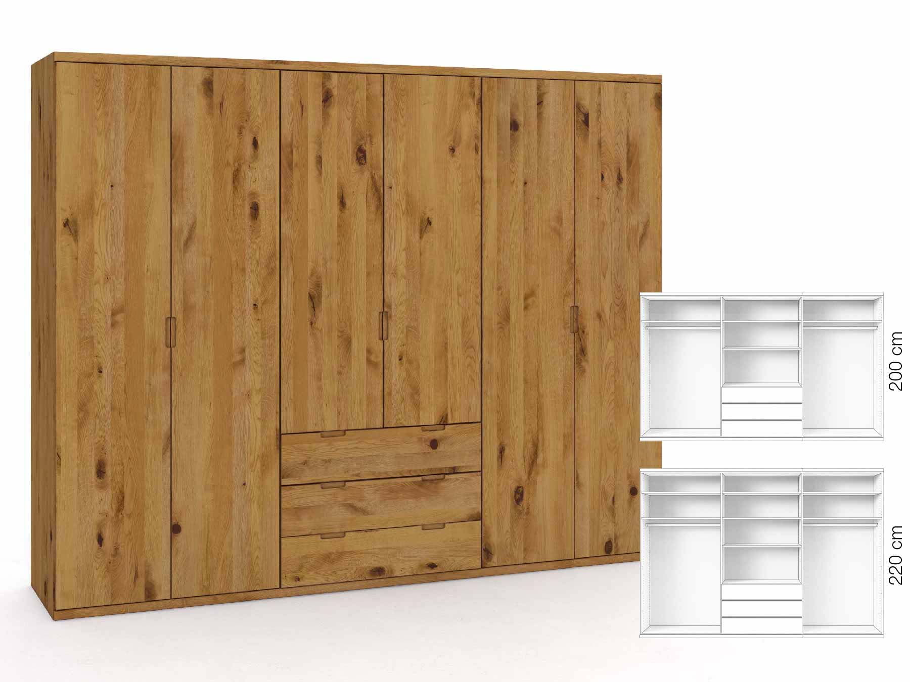 Wildeichenschrank „Romana“, 6-türig, Höhe 220 cm, Griffausführung „Lukas“, Inneneinrichtung: D
