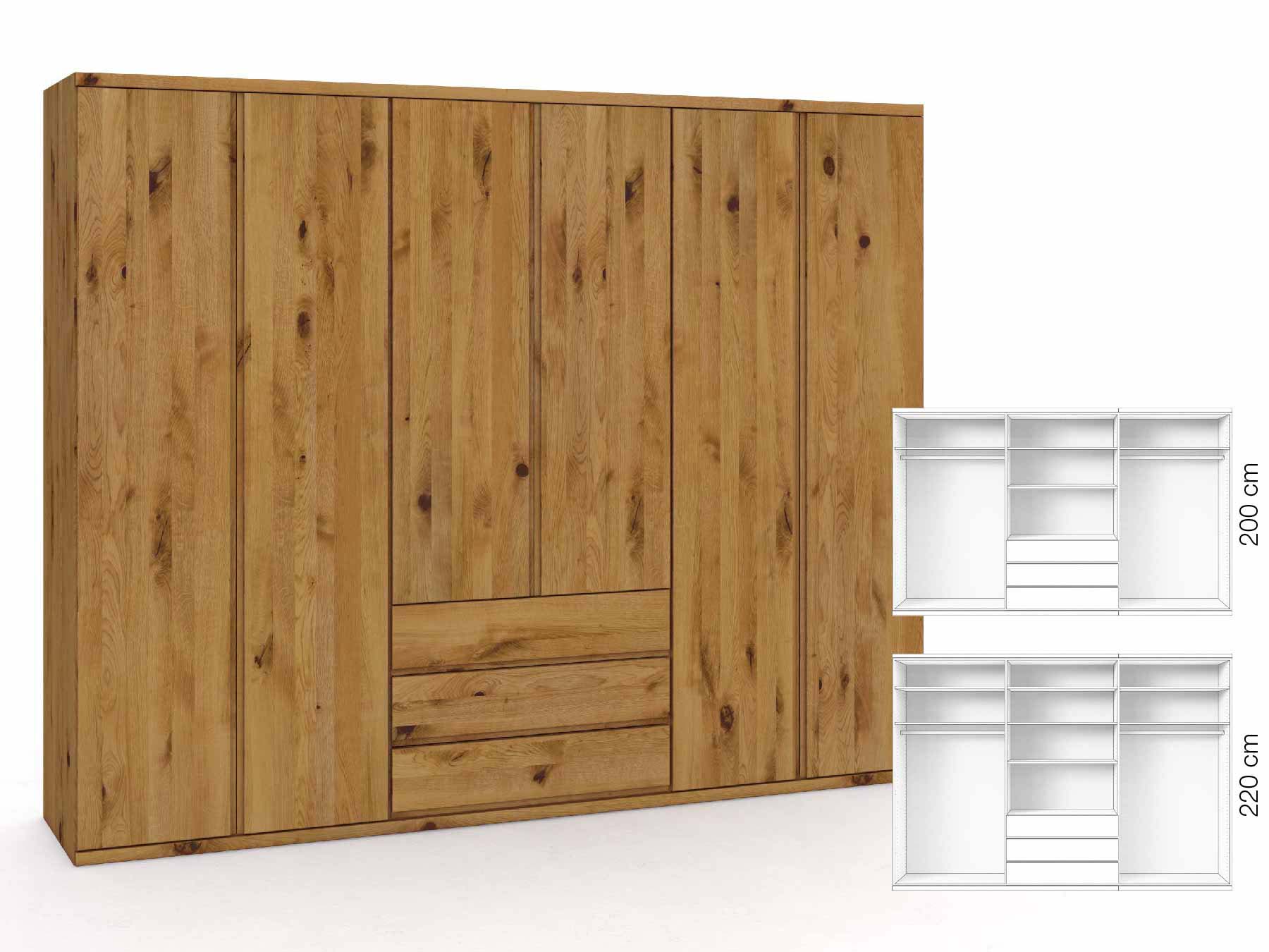 Wildeichenschrank „Romana“, 6-türig, Höhe 220 cm, Griffausführung „Patrizia“, Inneneinrichtung: D