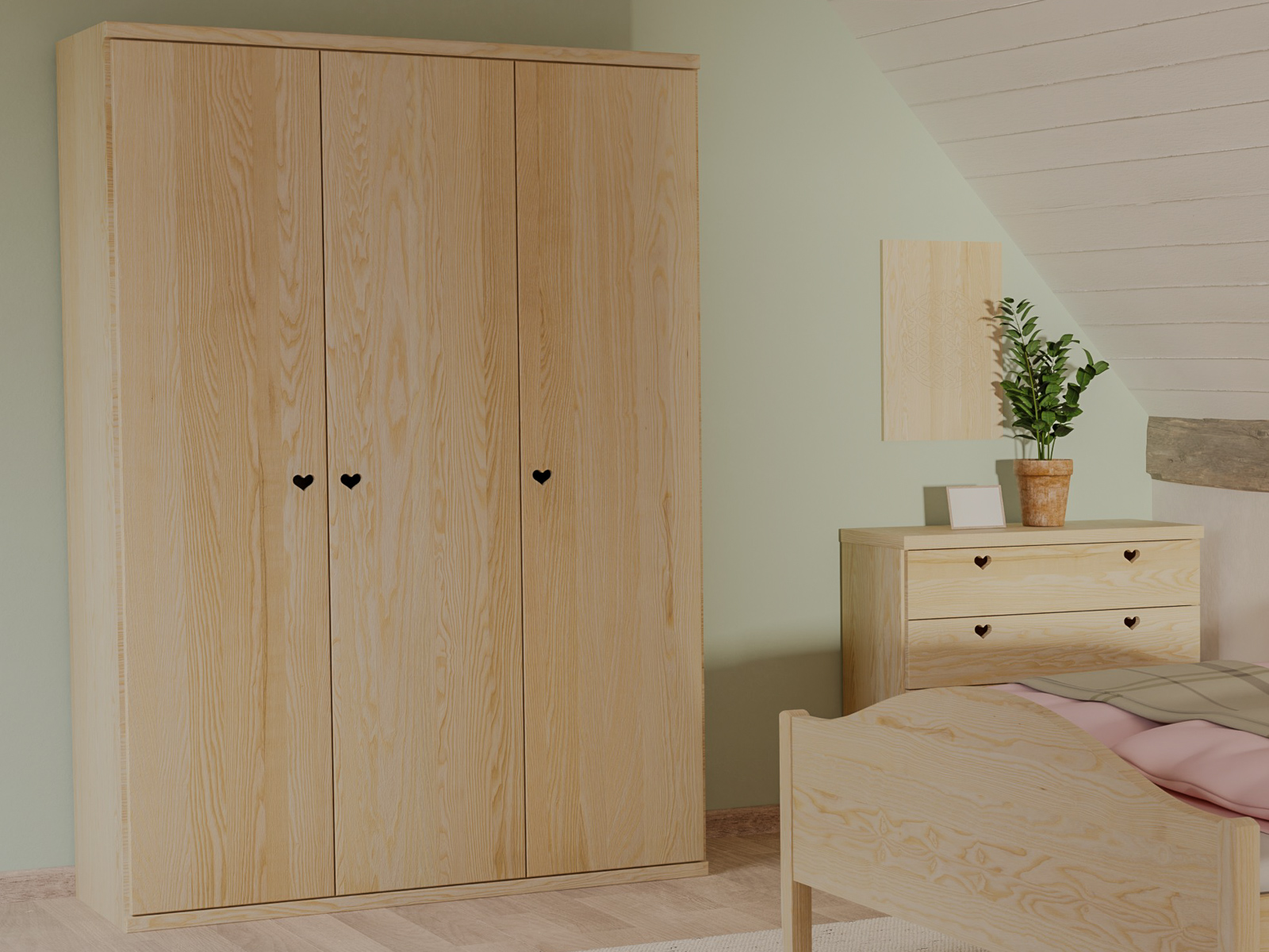 Eschenschrank „Romana“, 3-türig, Höhe 220 cm, Griffausführung „Heidi“, Inneneinrichtung: A