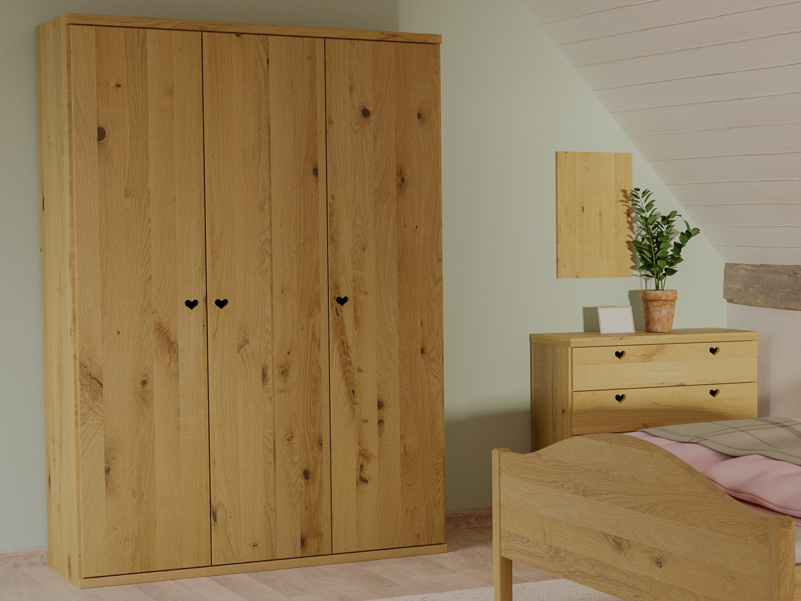Wildeichenschrank Hell „Romana“, 3-türig, Höhe 220 cm, Griffausführung „Heidi“, Inneneinrichtung: A