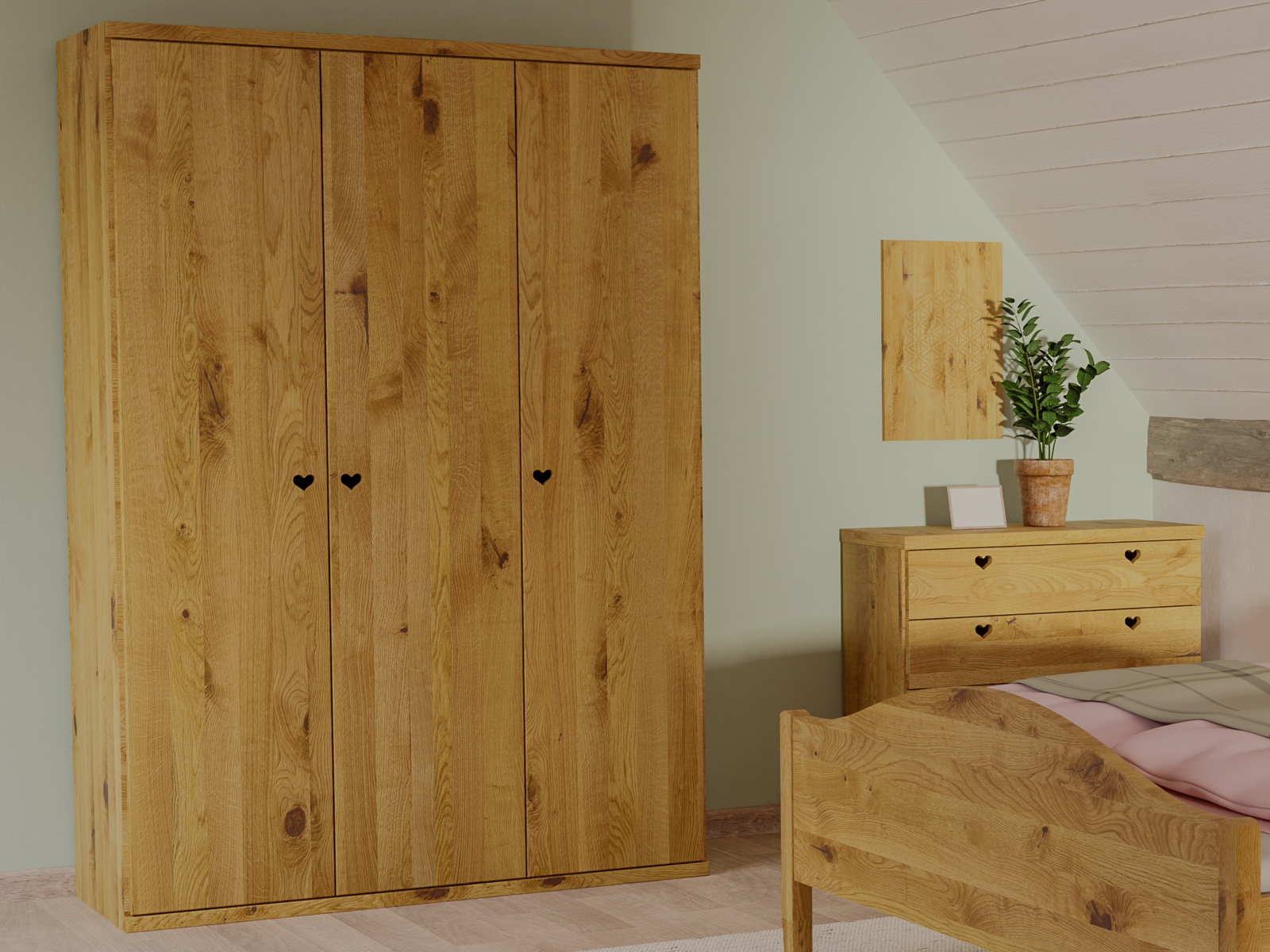 Wildeichenschrank „Romana“, 3-türig, Höhe 220 cm, Griffausführung „Heidi“, Inneneinrichtung: A