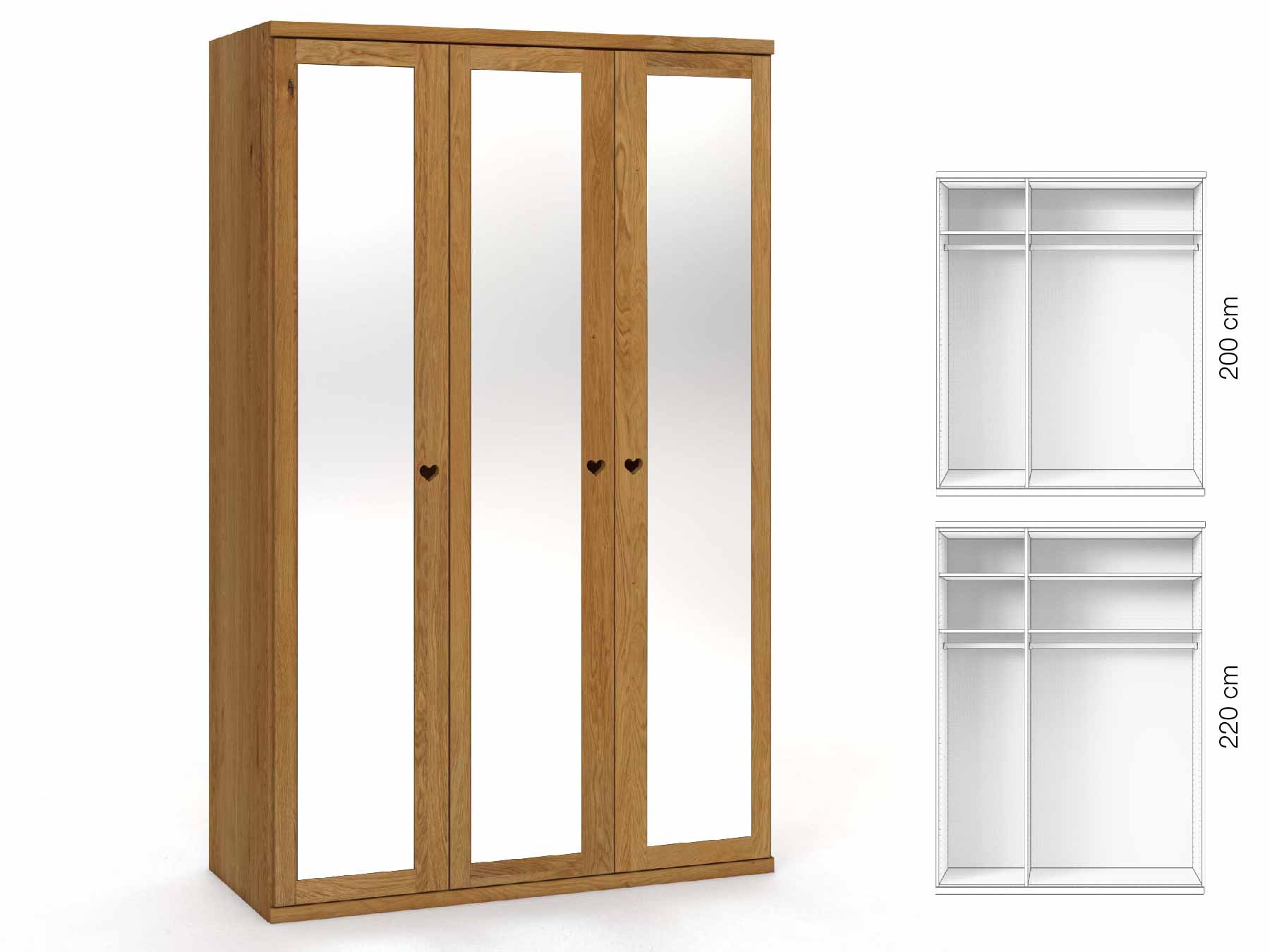 Eichenschrank „Sandra“, 3-türig, Höhe 220 cm, Griffausführung „Heidi“, Inneneinrichtung: A