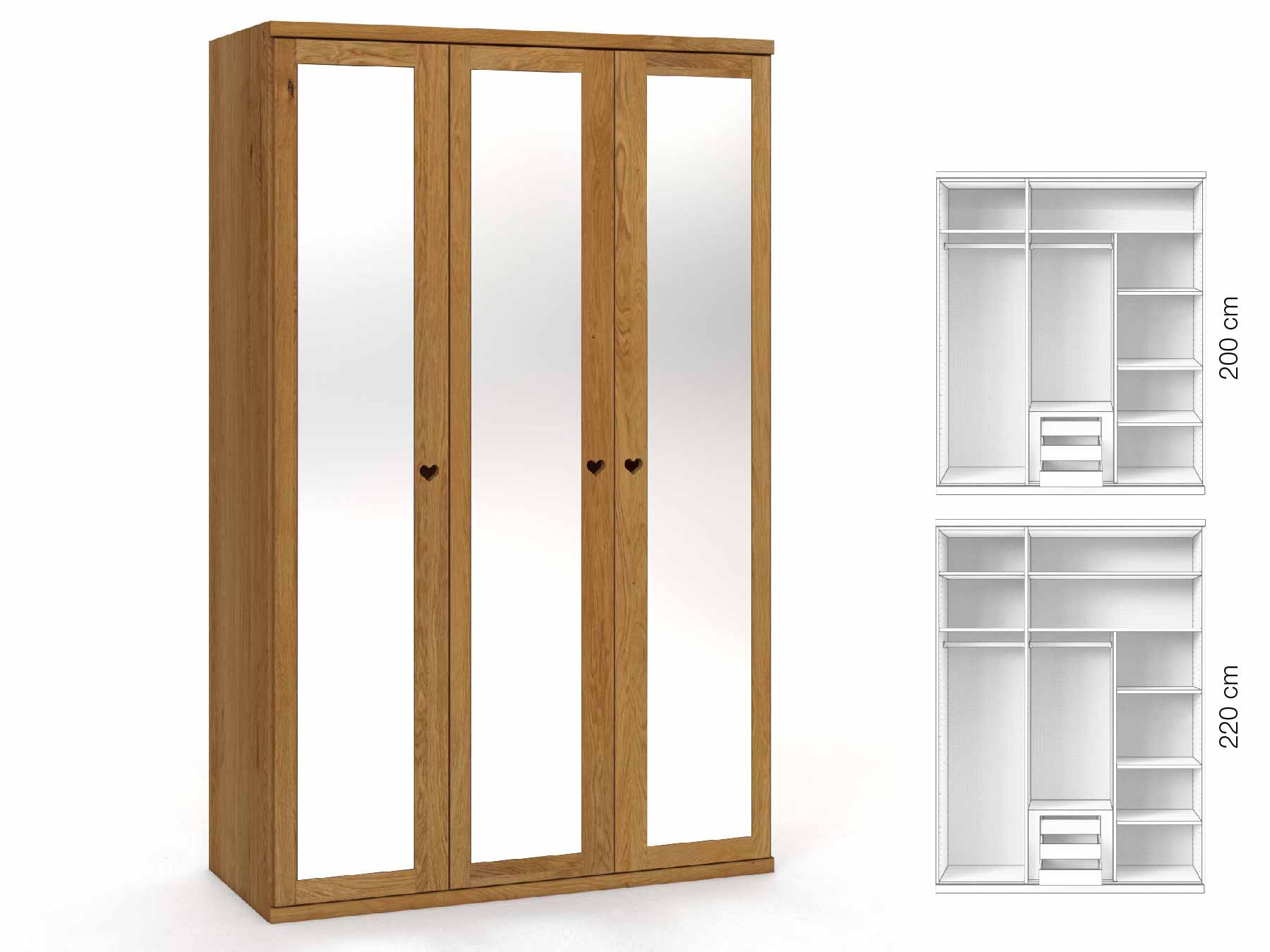 Eichenschrank „Sandra“, 3-türig, Höhe 220 cm, Griffausführung „Heidi“, Inneneinrichtung: D