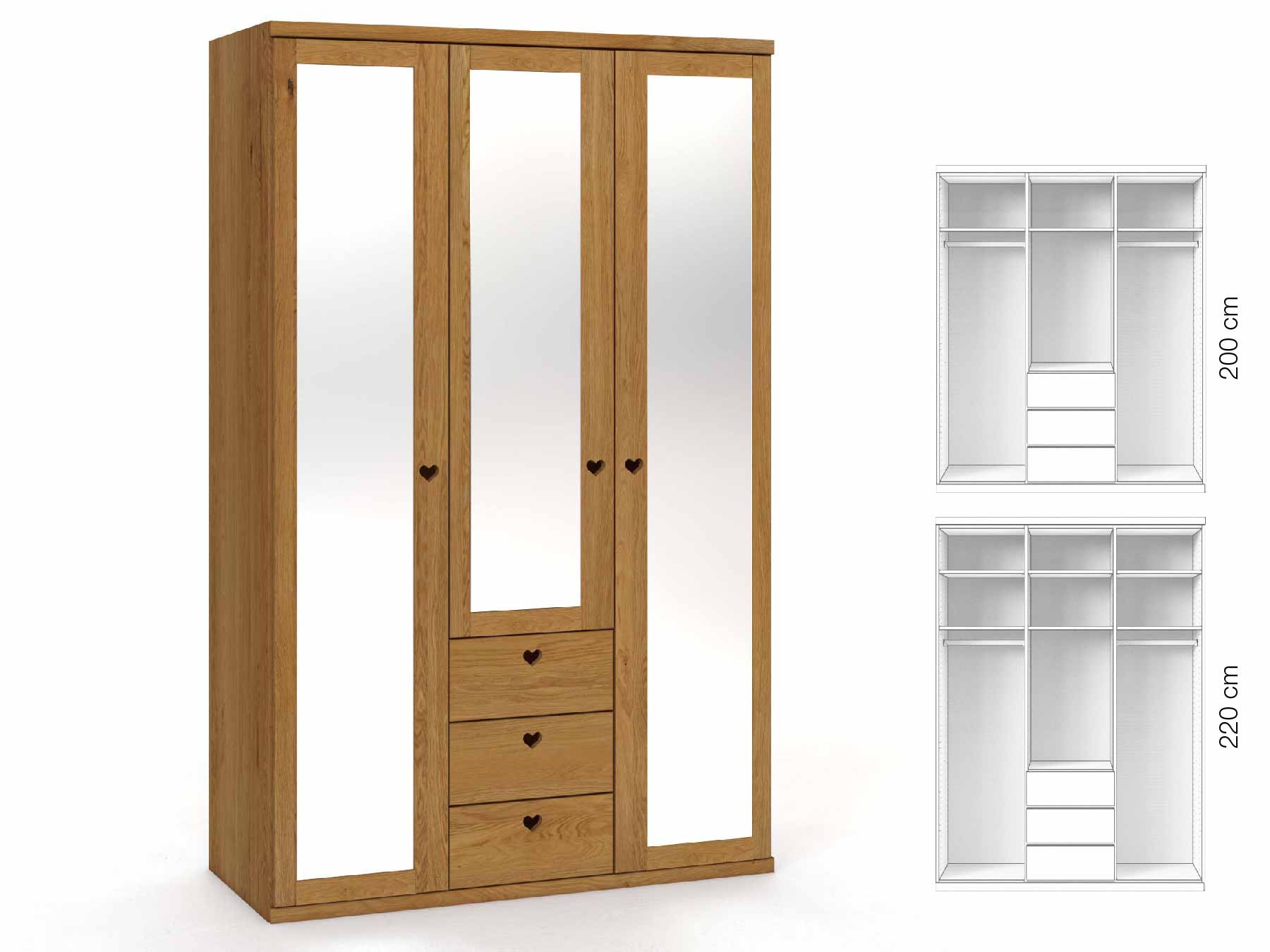 Eichenschrank „Sandra“, 3-türig, Höhe 220 cm, Griffausführung „Heidi“, Inneneinrichtung: E