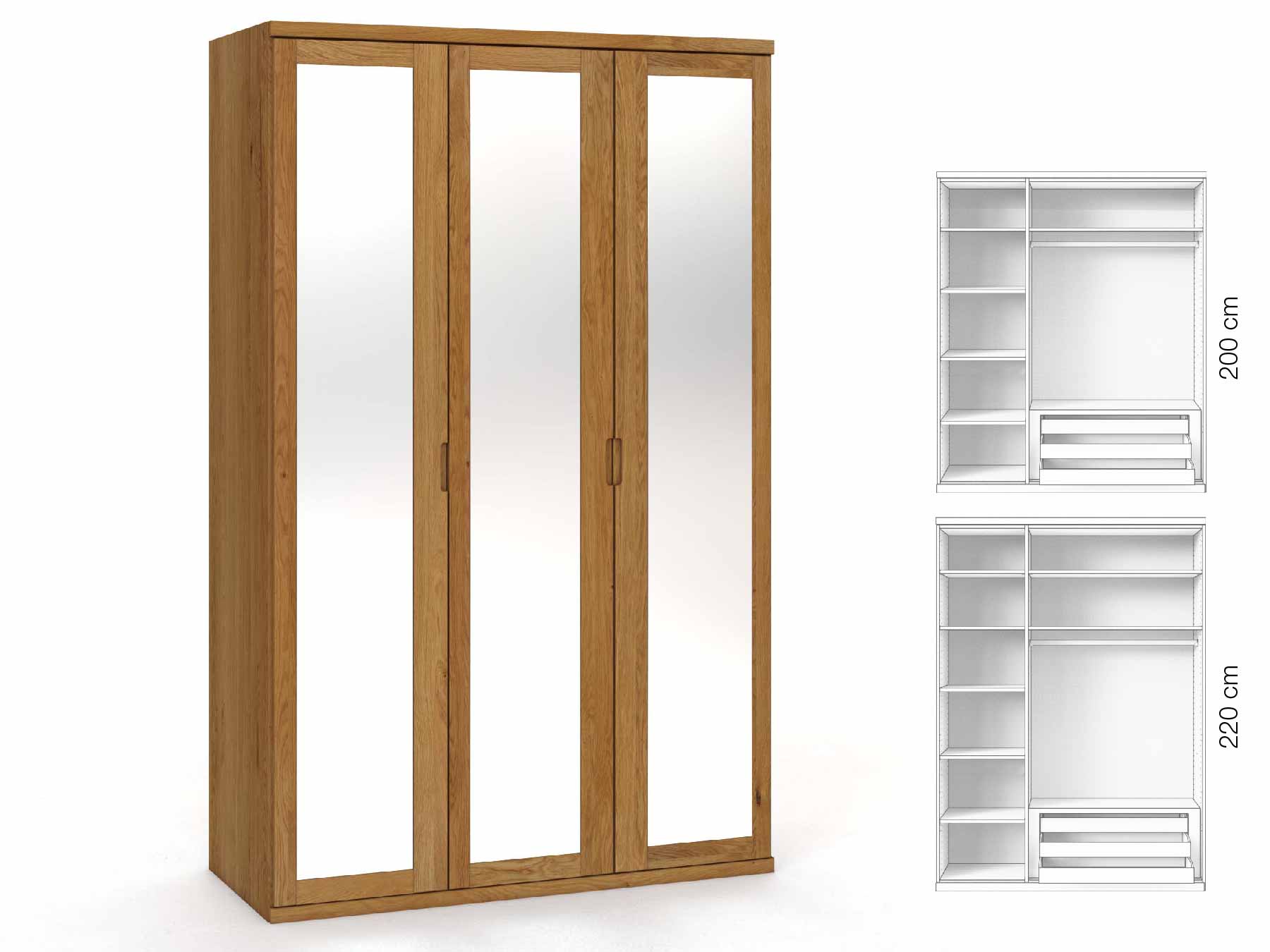 Eichenschrank „Sandra“, 3-türig, Höhe 220 cm, Griffausführung „Lukas“, Inneneinrichtung: C
