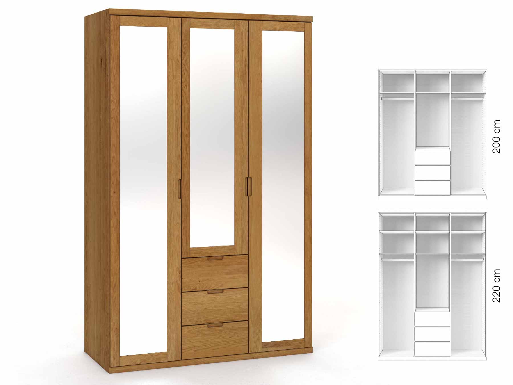 Eichenschrank „Sandra“, 3-türig, Höhe 220 cm, Griffausführung „Lukas“, Inneneinrichtung: E