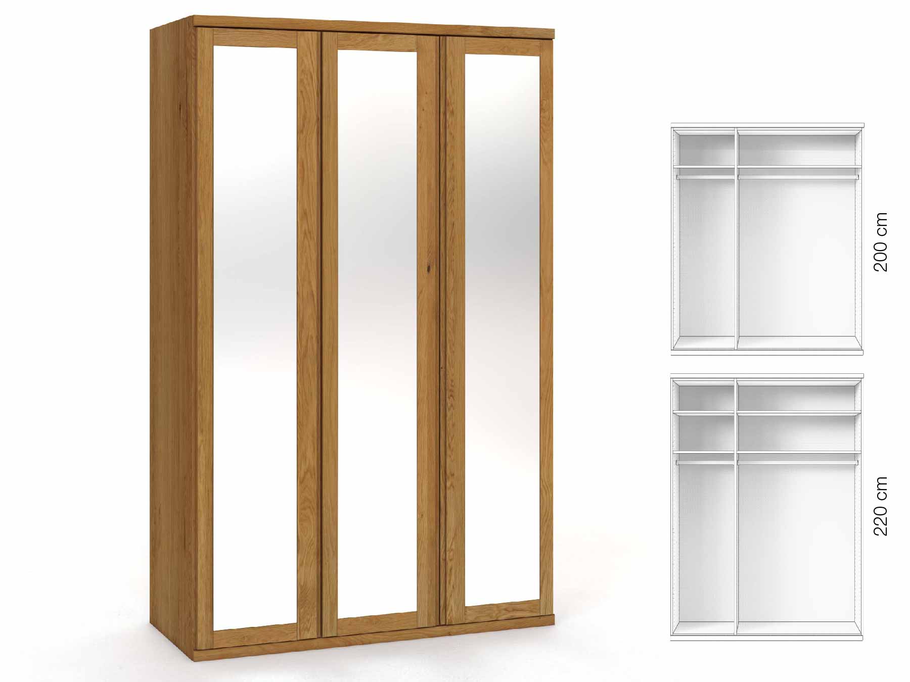 Eichenschrank „Sandra“, 3-türig, Höhe 220 cm, Griffausführung „Patrizia“, Inneneinrichtung: A