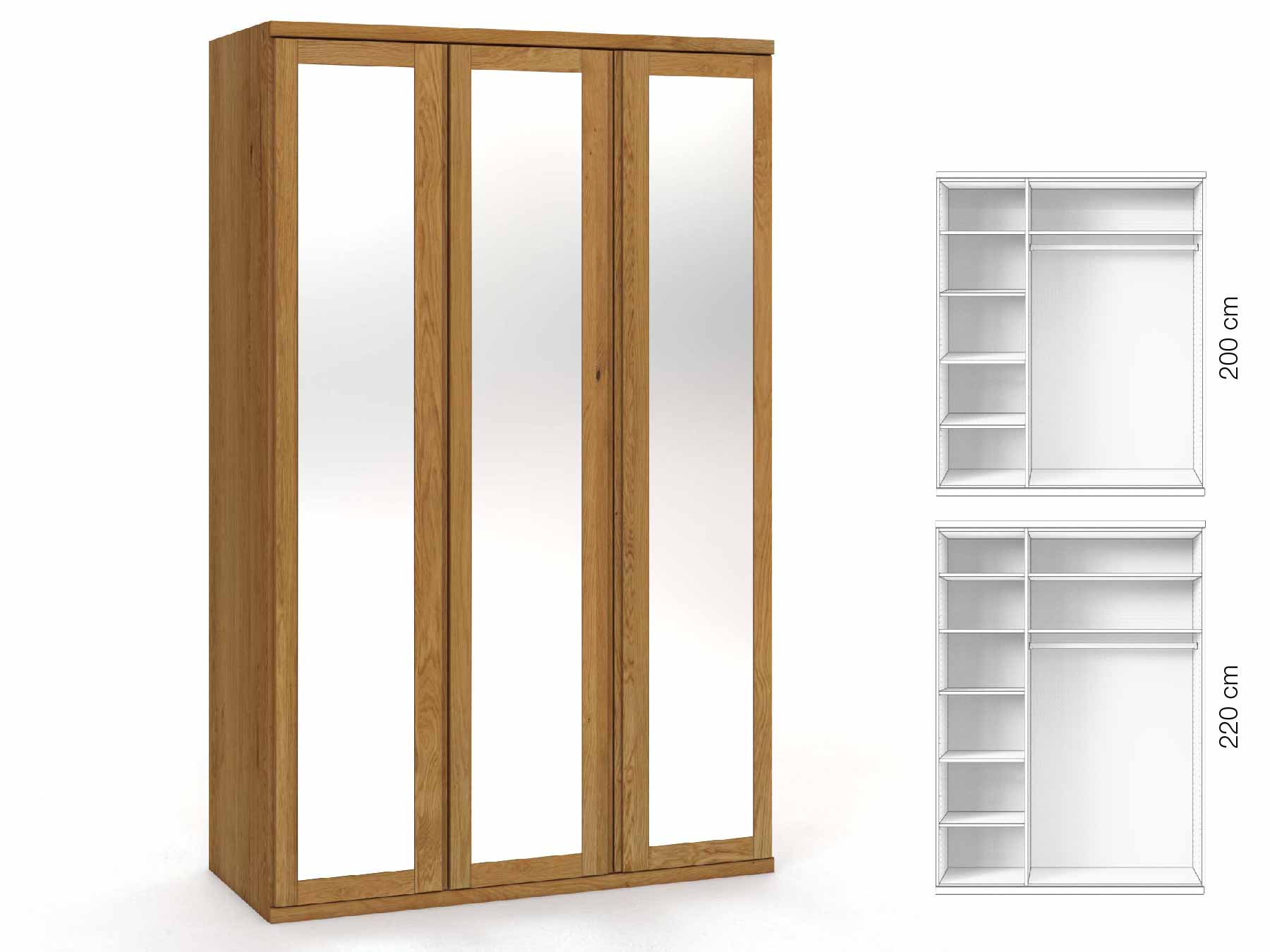Eichenschrank „Sandra“, 3-türig, Höhe 220 cm, Griffausführung „Patrizia“, Inneneinrichtung: B