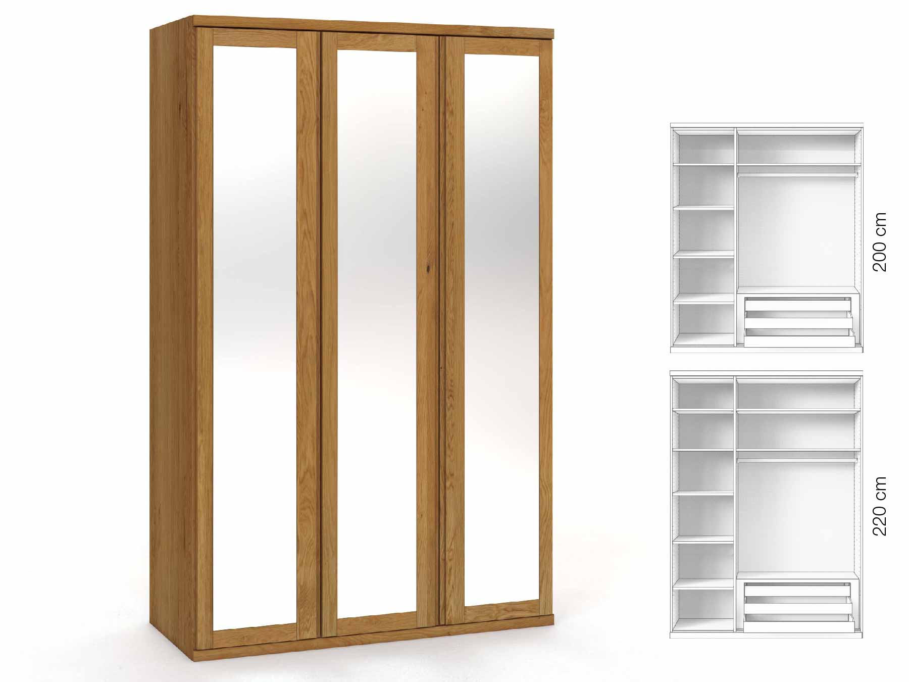 Eichenschrank „Sandra“, 3-türig, Höhe 220 cm, Griffausführung „Patrizia“, Inneneinrichtung: C