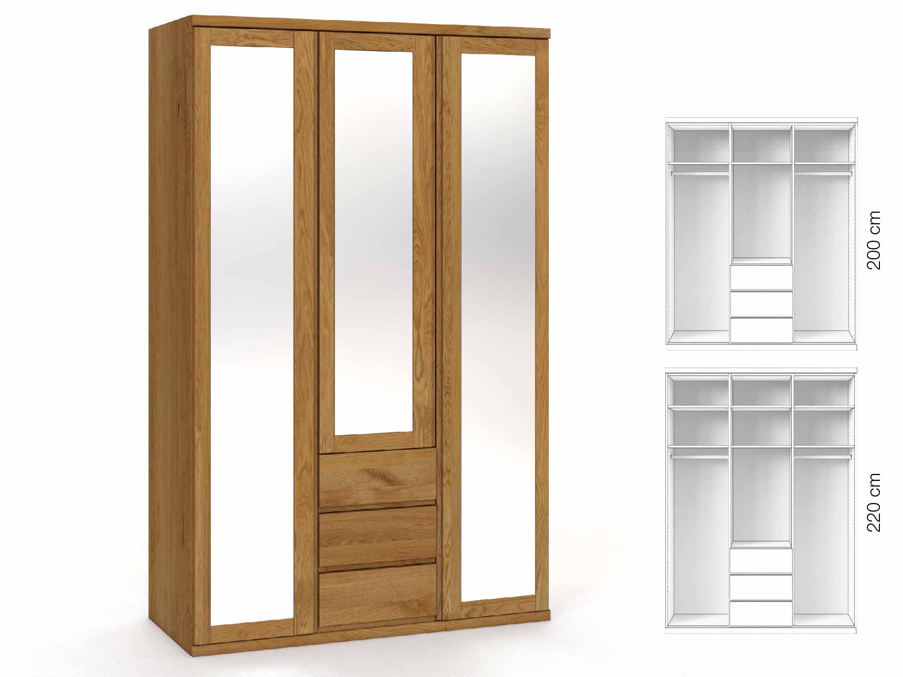Eichenschrank „Sandra“, 3-türig, Höhe 220 cm, Griffausführung „Patrizia“, Inneneinrichtung: E