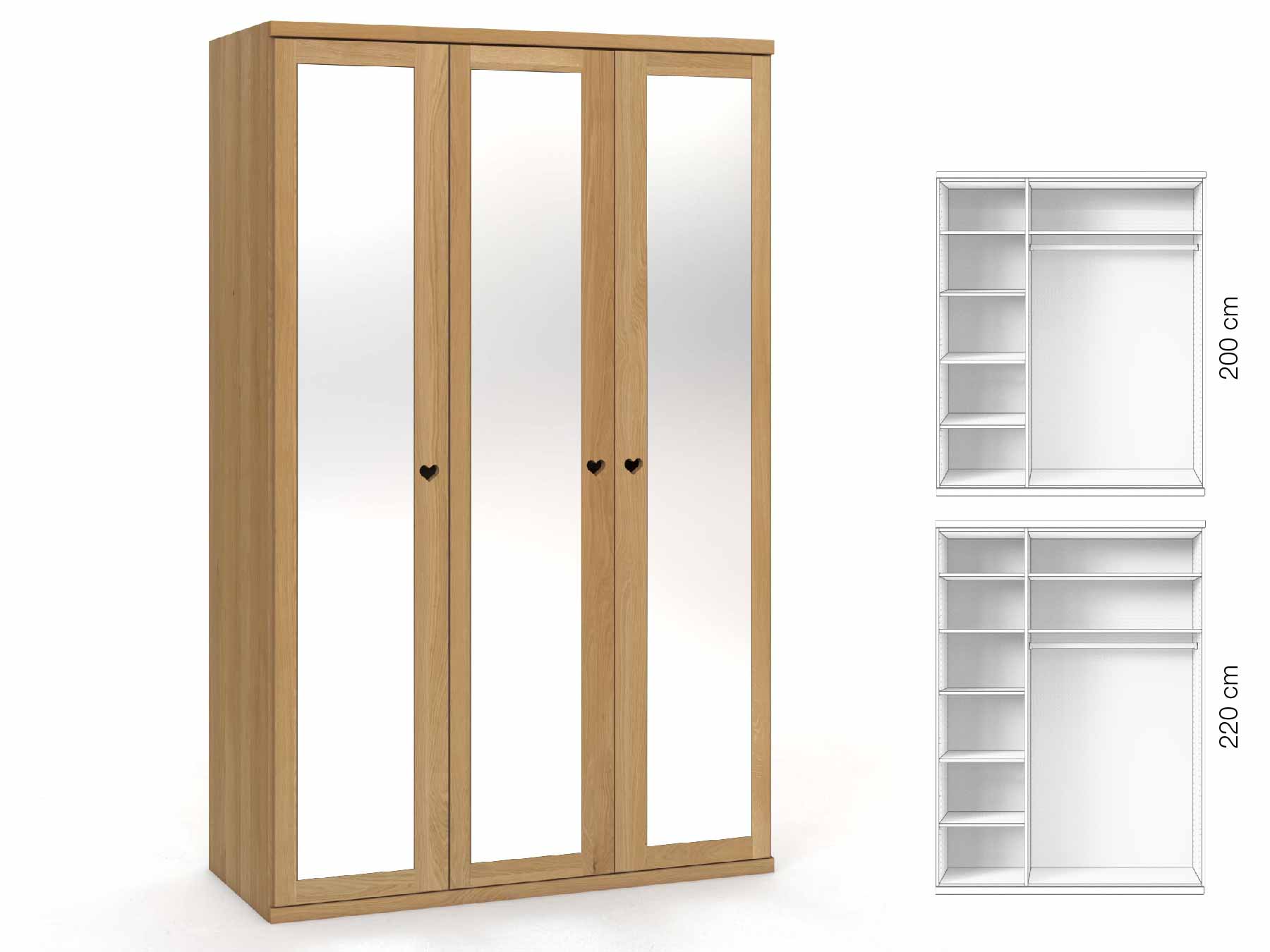 Eichenschrank Hell „Sandra“, 3-türig, Höhe 220 cm, Griffausführung „Heidi“, Inneneinrichtung: B
