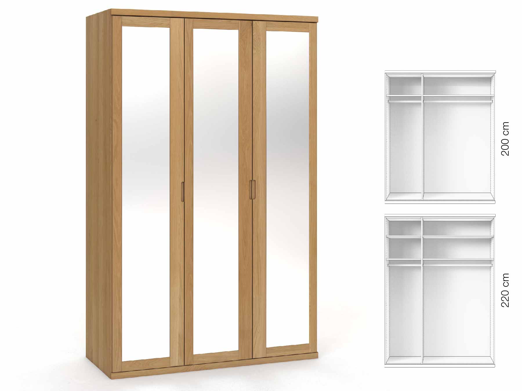 Eichenschrank Hell „Sandra“, 3-türig, Höhe 220 cm, Griffausführung „Lukas“, Inneneinrichtung: A