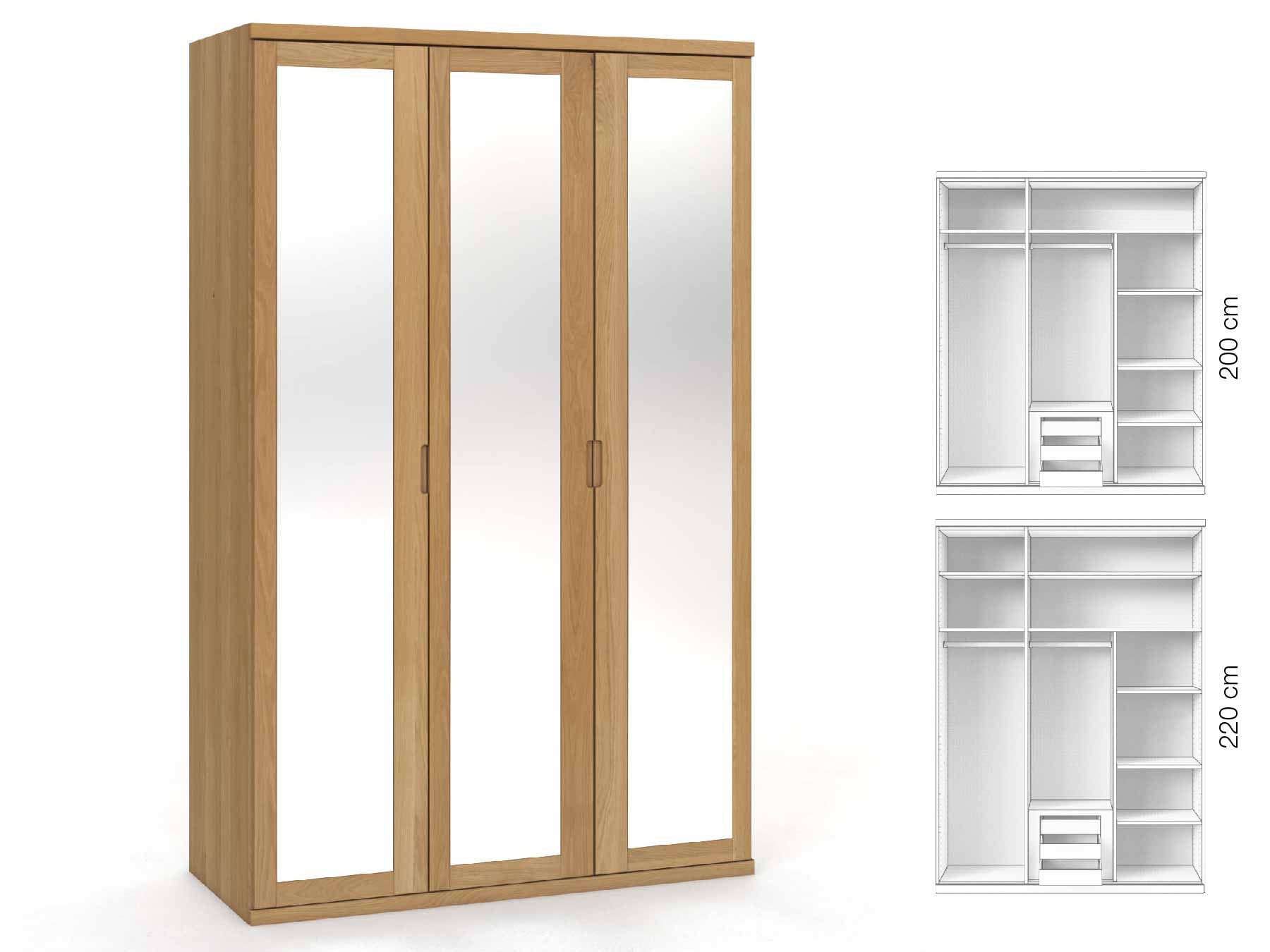 Eichenschrank Hell „Sandra“, 3-türig, Höhe 220 cm, Griffausführung „Lukas“, Inneneinrichtung: D