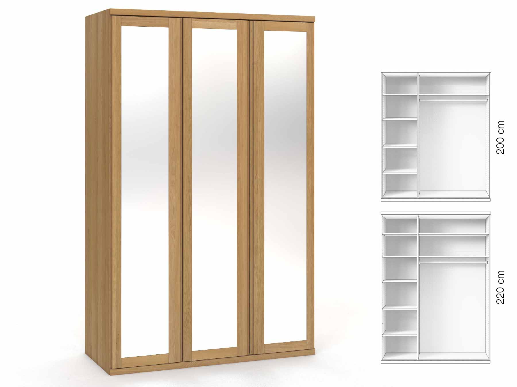 Eichenschrank Hell „Sandra“, 3-türig, Höhe 220 cm, Griffausführung „Patrizia“, Inneneinrichtung: B